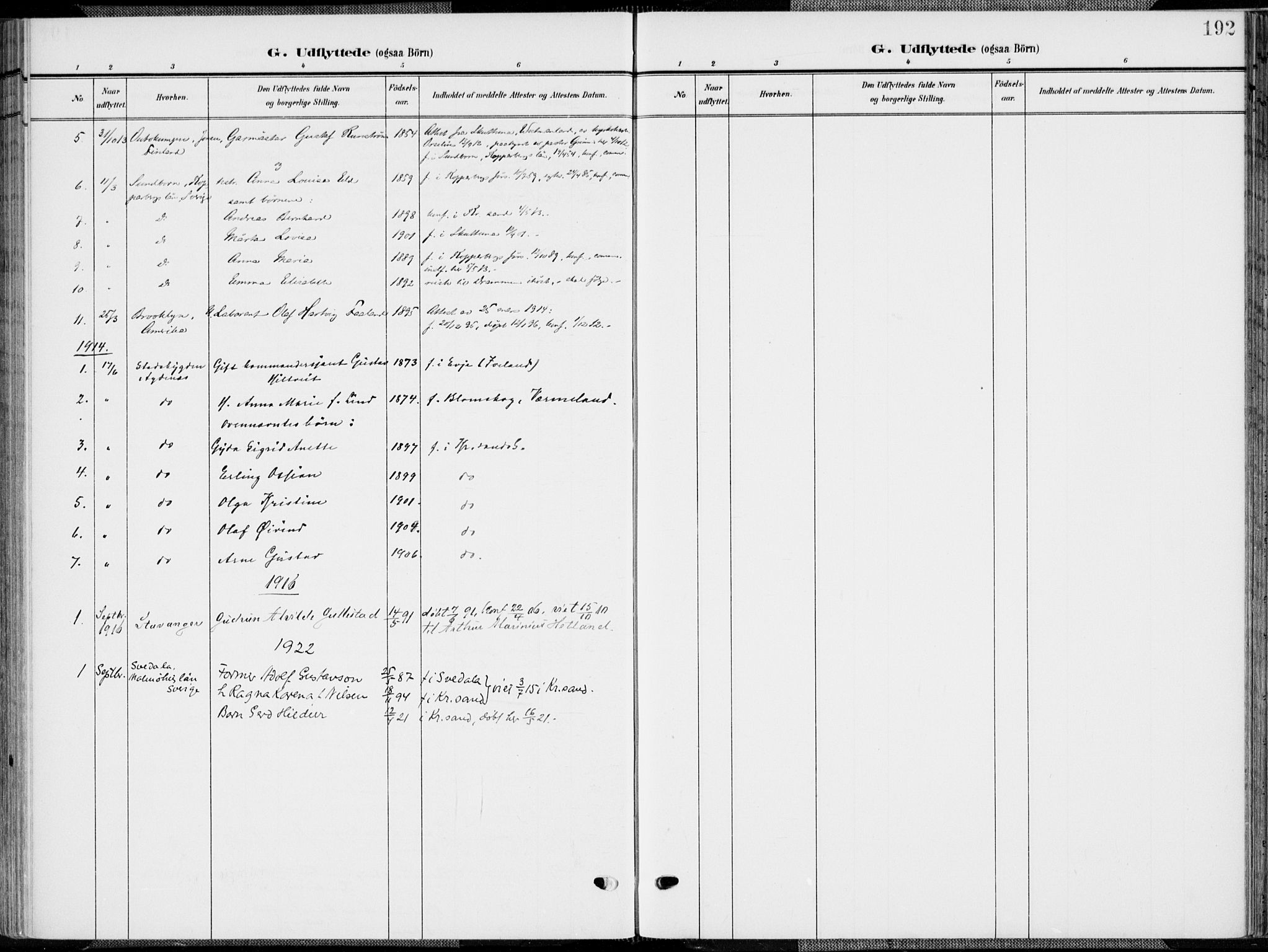 Kristiansand domprosti, SAK/1112-0006/F/Fa/L0022: Parish register (official) no. A 21, 1905-1916, p. 192