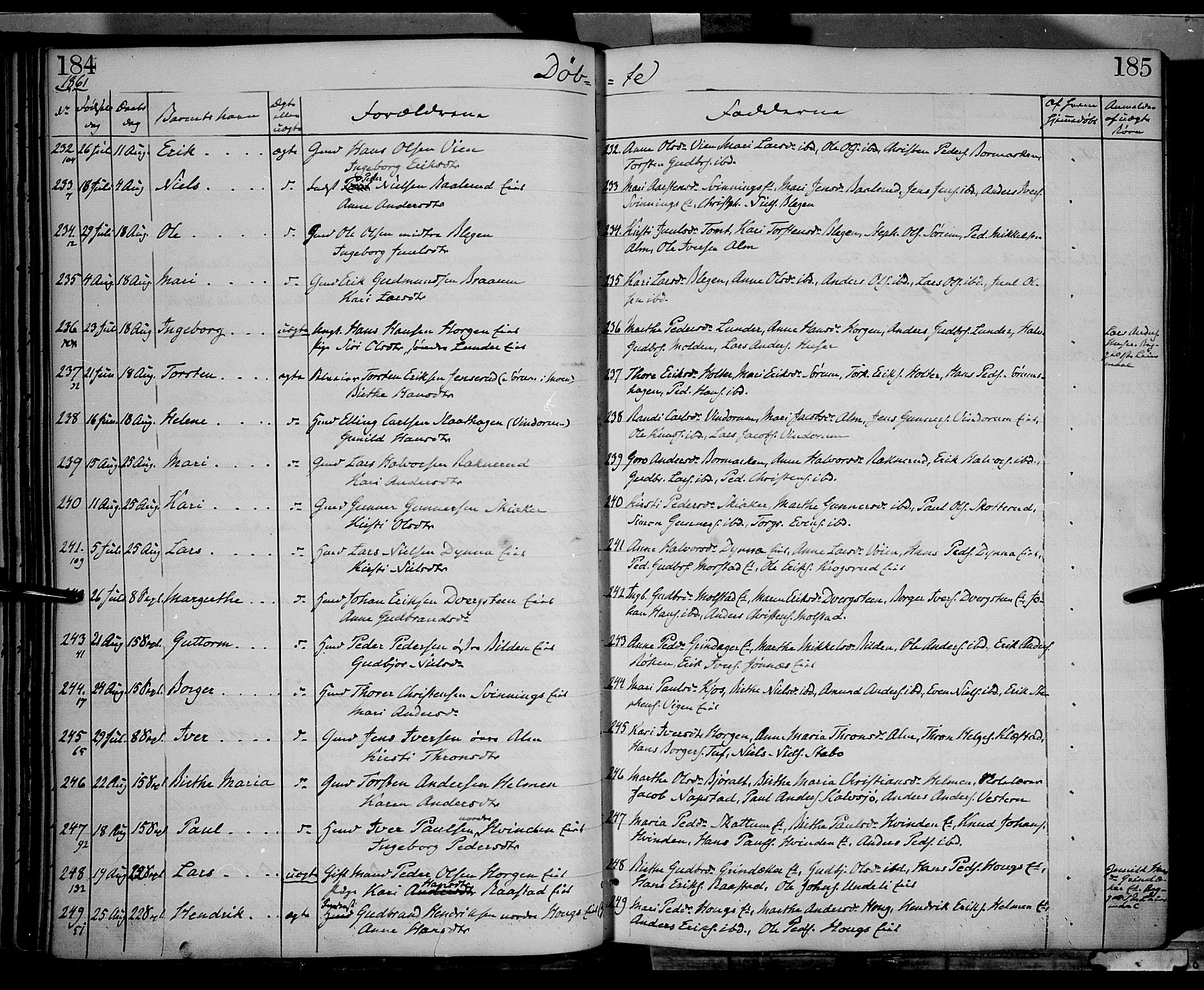 Gran prestekontor, AV/SAH-PREST-112/H/Ha/Haa/L0012: Parish register (official) no. 12, 1856-1874, p. 184-185