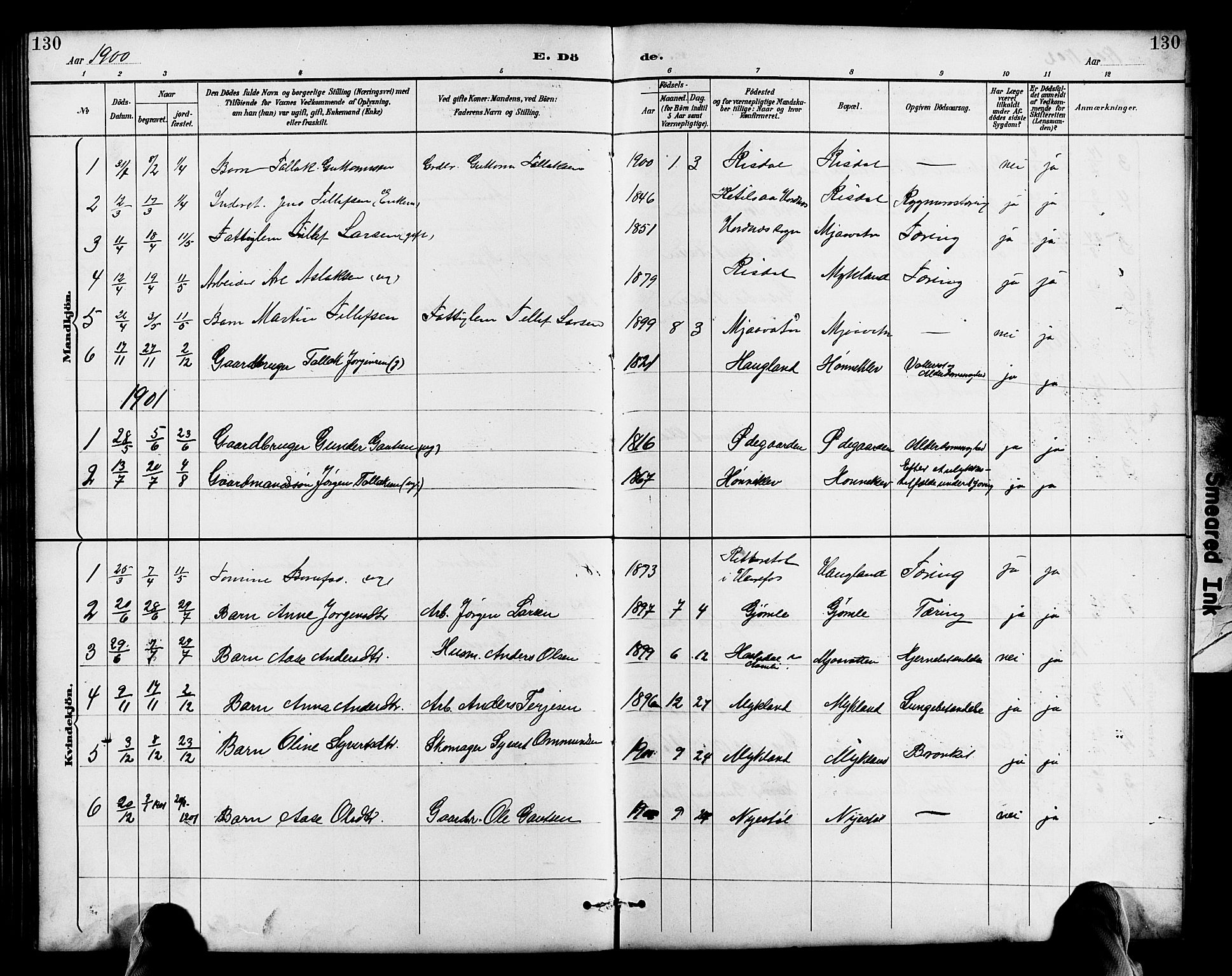 Herefoss sokneprestkontor, AV/SAK-1111-0019/F/Fb/Fbc/L0003: Parish register (copy) no. B 3, 1887-1915, p. 130