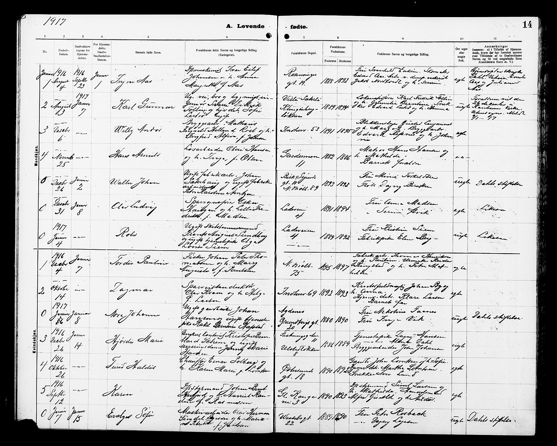 Ministerialprotokoller, klokkerbøker og fødselsregistre - Sør-Trøndelag, SAT/A-1456/605/L0256: Parish register (copy) no. 605C03, 1916-1920, p. 14
