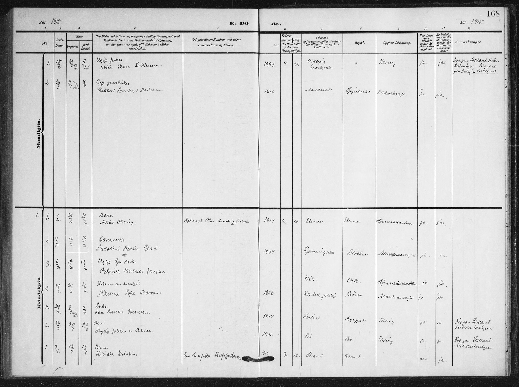 Ministerialprotokoller, klokkerbøker og fødselsregistre - Nordland, AV/SAT-A-1459/895/L1373: Parish register (official) no. 895A08, 1905-1915, p. 168