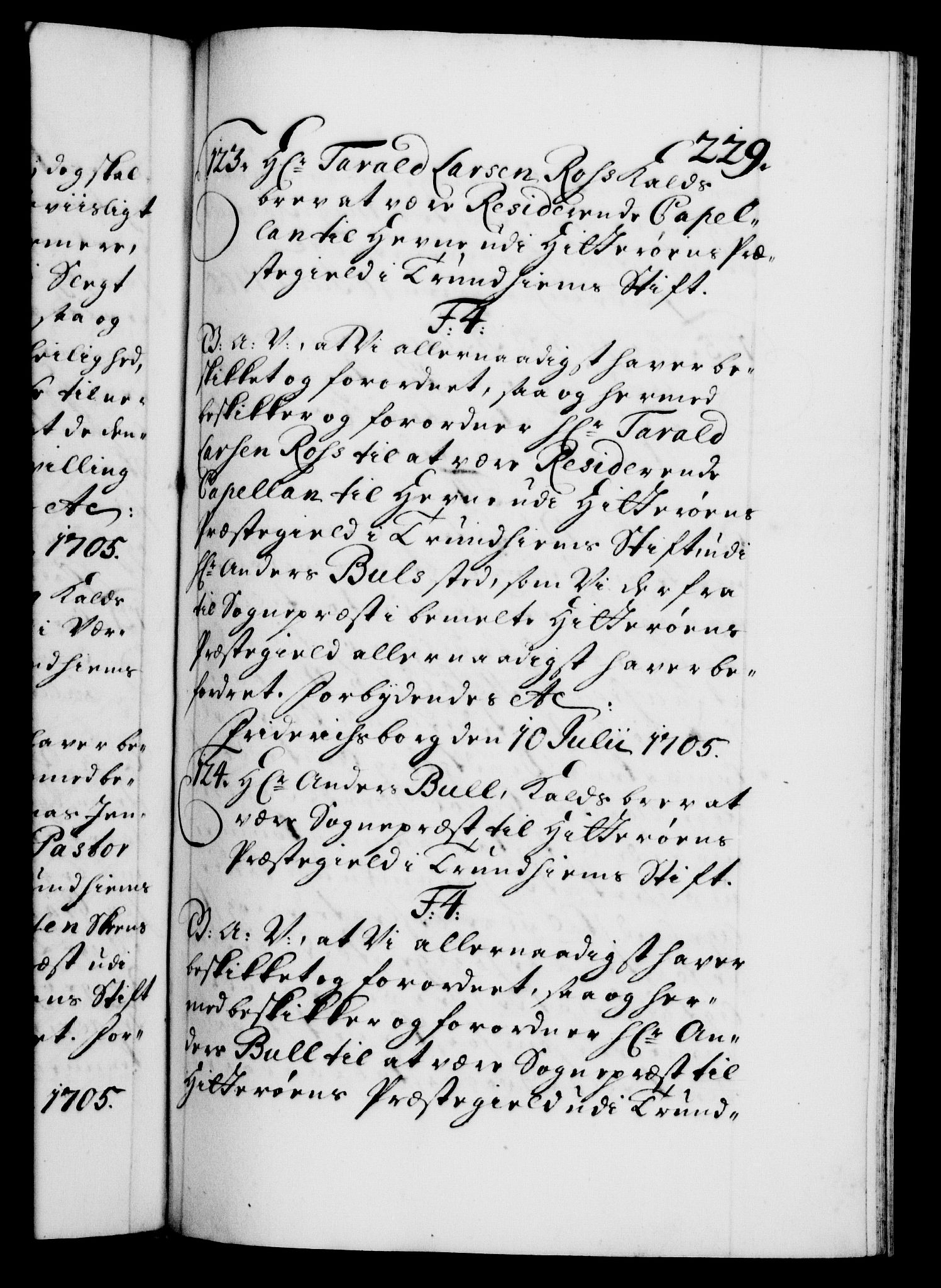 Danske Kanselli 1572-1799, AV/RA-EA-3023/F/Fc/Fca/Fcaa/L0019: Norske registre, 1704-1707, p. 229a