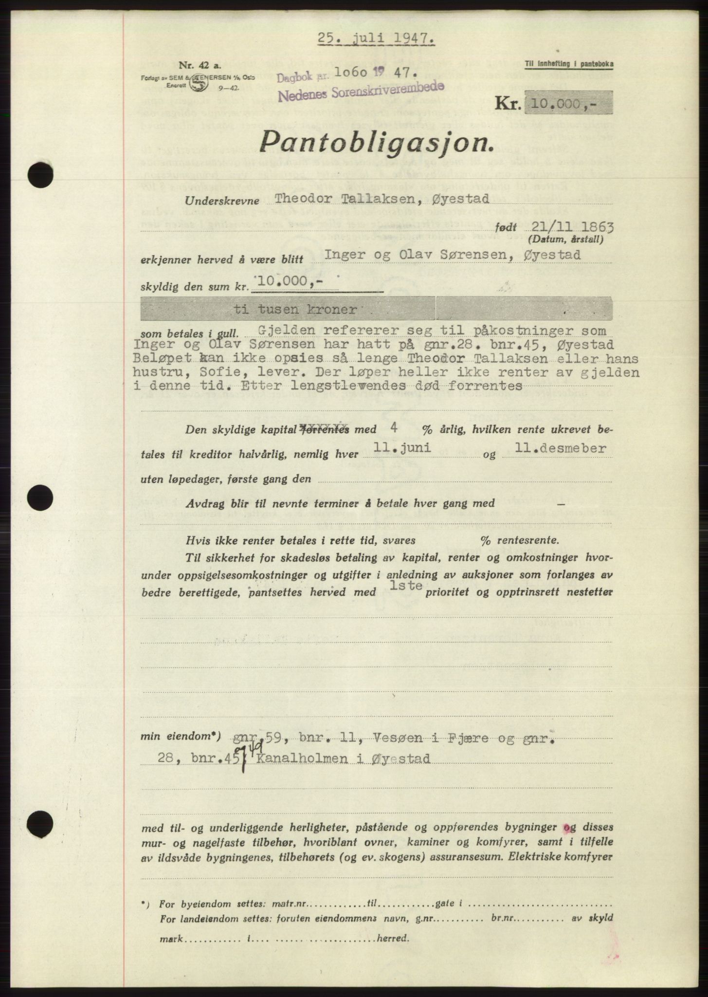 Nedenes sorenskriveri, AV/SAK-1221-0006/G/Gb/Gbb/L0004: Mortgage book no. B4, 1947-1947, Diary no: : 1060/1947