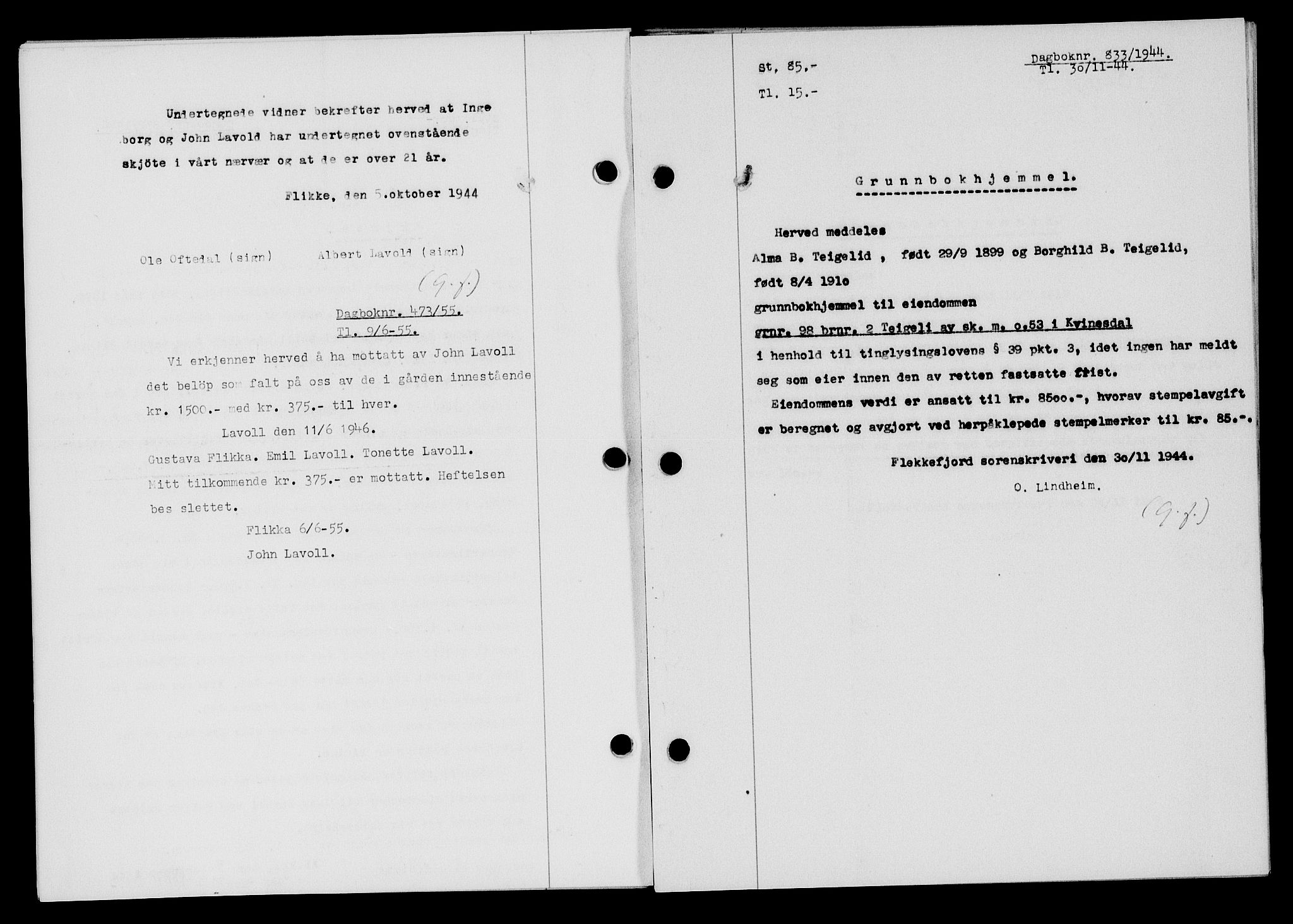Flekkefjord sorenskriveri, SAK/1221-0001/G/Gb/Gba/L0059: Mortgage book no. A-7, 1944-1945, Diary no: : 833/1944