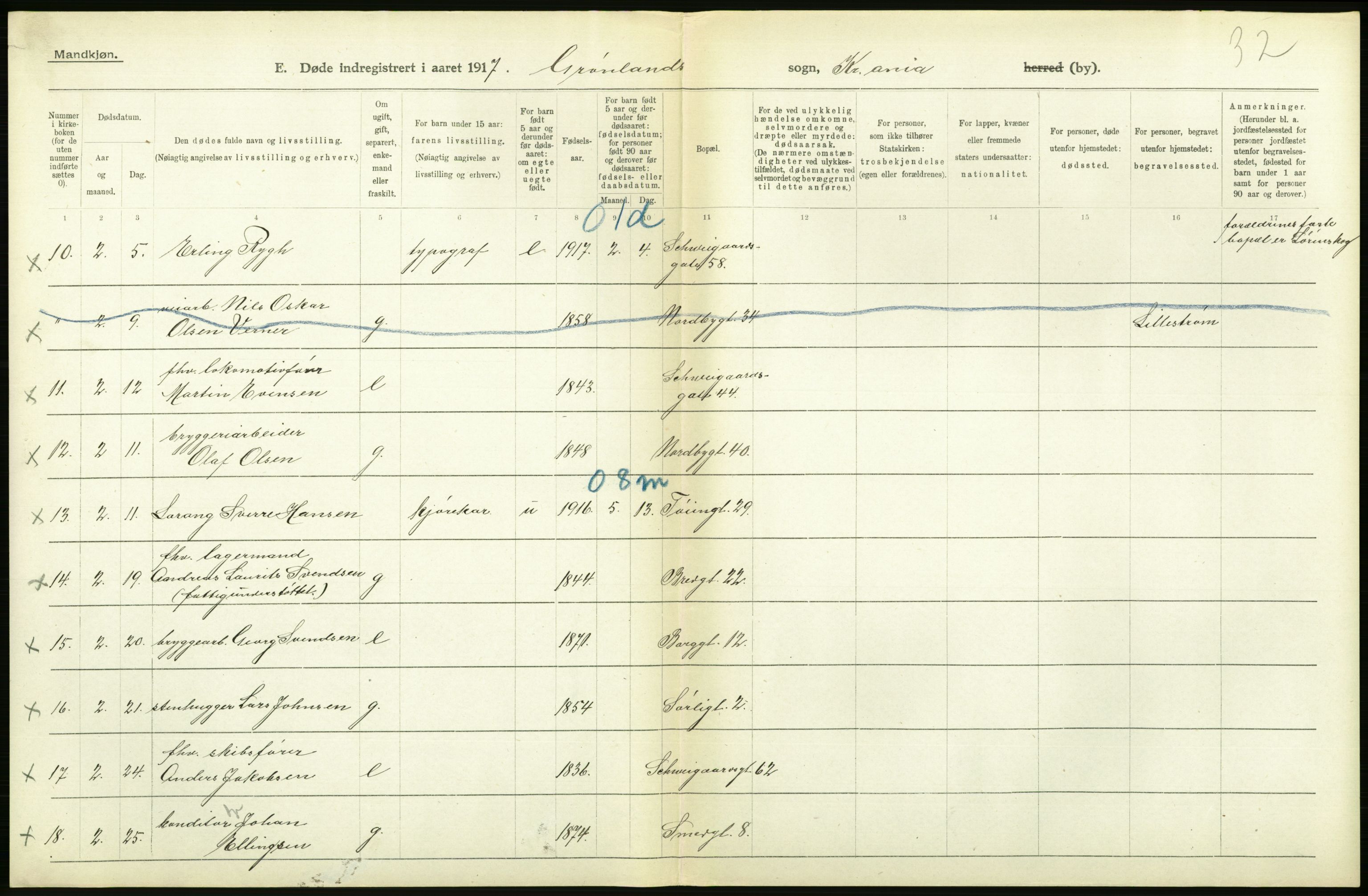 Statistisk sentralbyrå, Sosiodemografiske emner, Befolkning, AV/RA-S-2228/D/Df/Dfb/Dfbg/L0011: Kristiania: Døde, dødfødte., 1917, p. 384