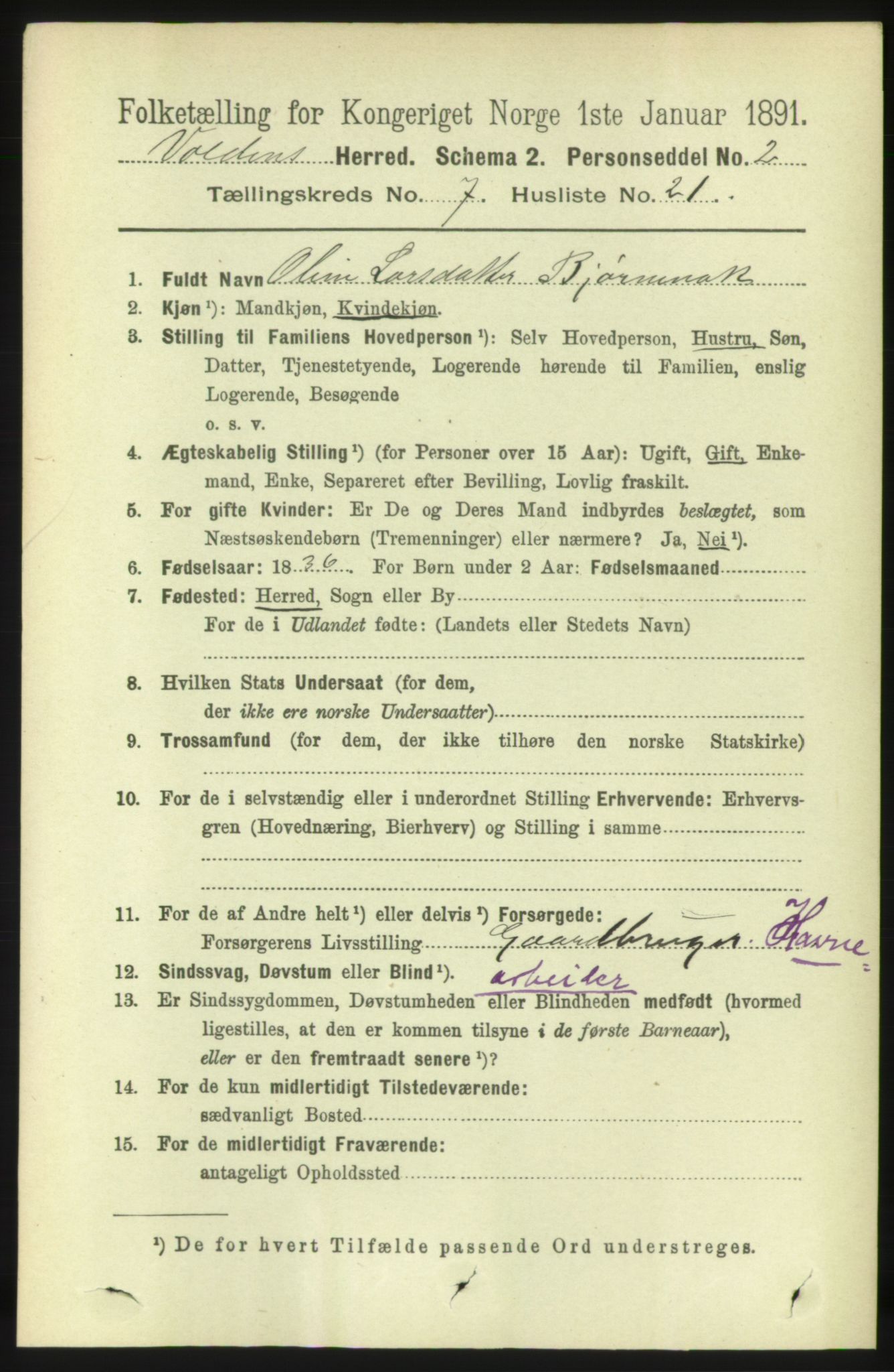 RA, 1891 census for 1519 Volda, 1891, p. 3477