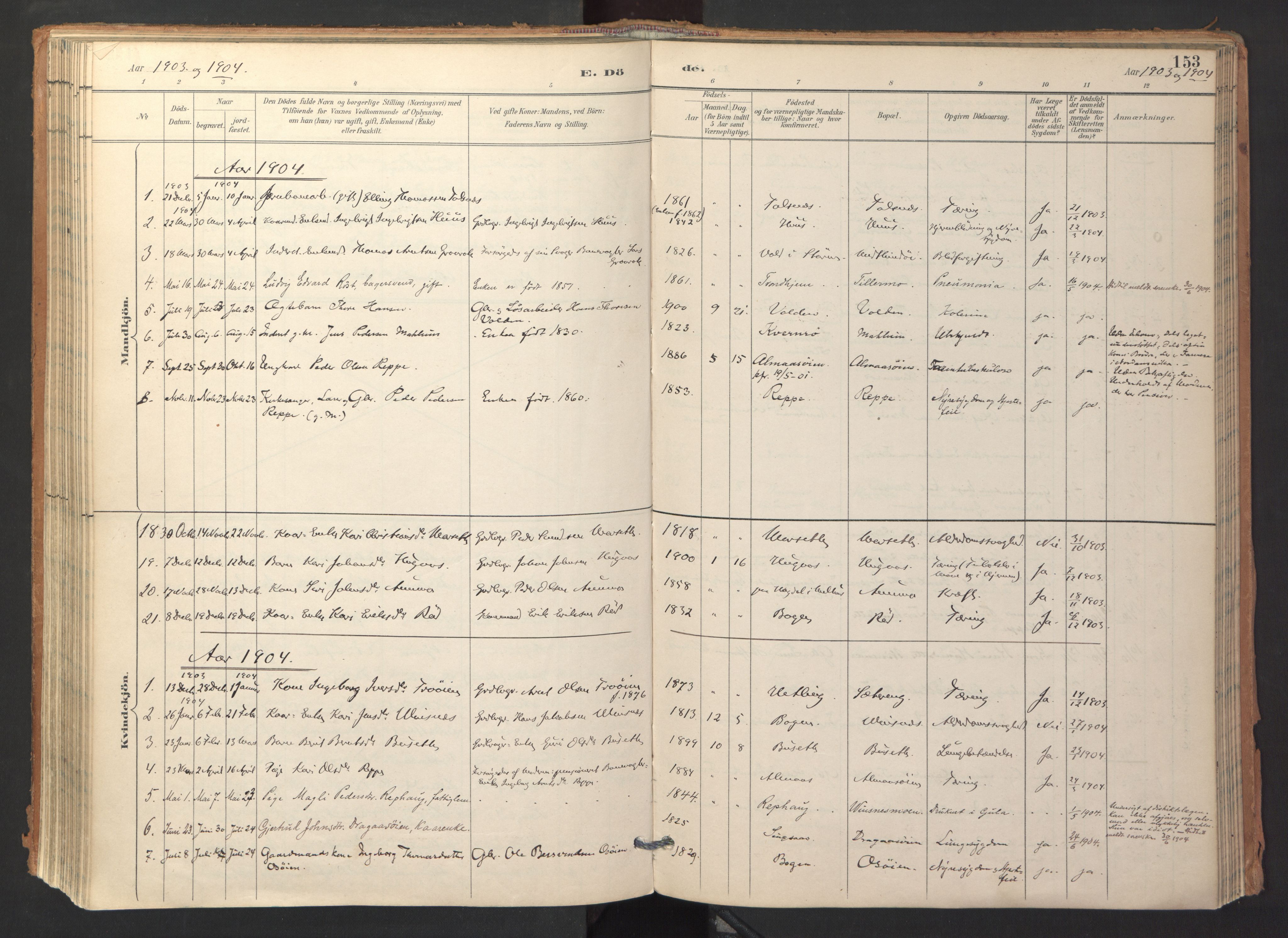 Ministerialprotokoller, klokkerbøker og fødselsregistre - Sør-Trøndelag, SAT/A-1456/688/L1025: Parish register (official) no. 688A02, 1891-1909, p. 153