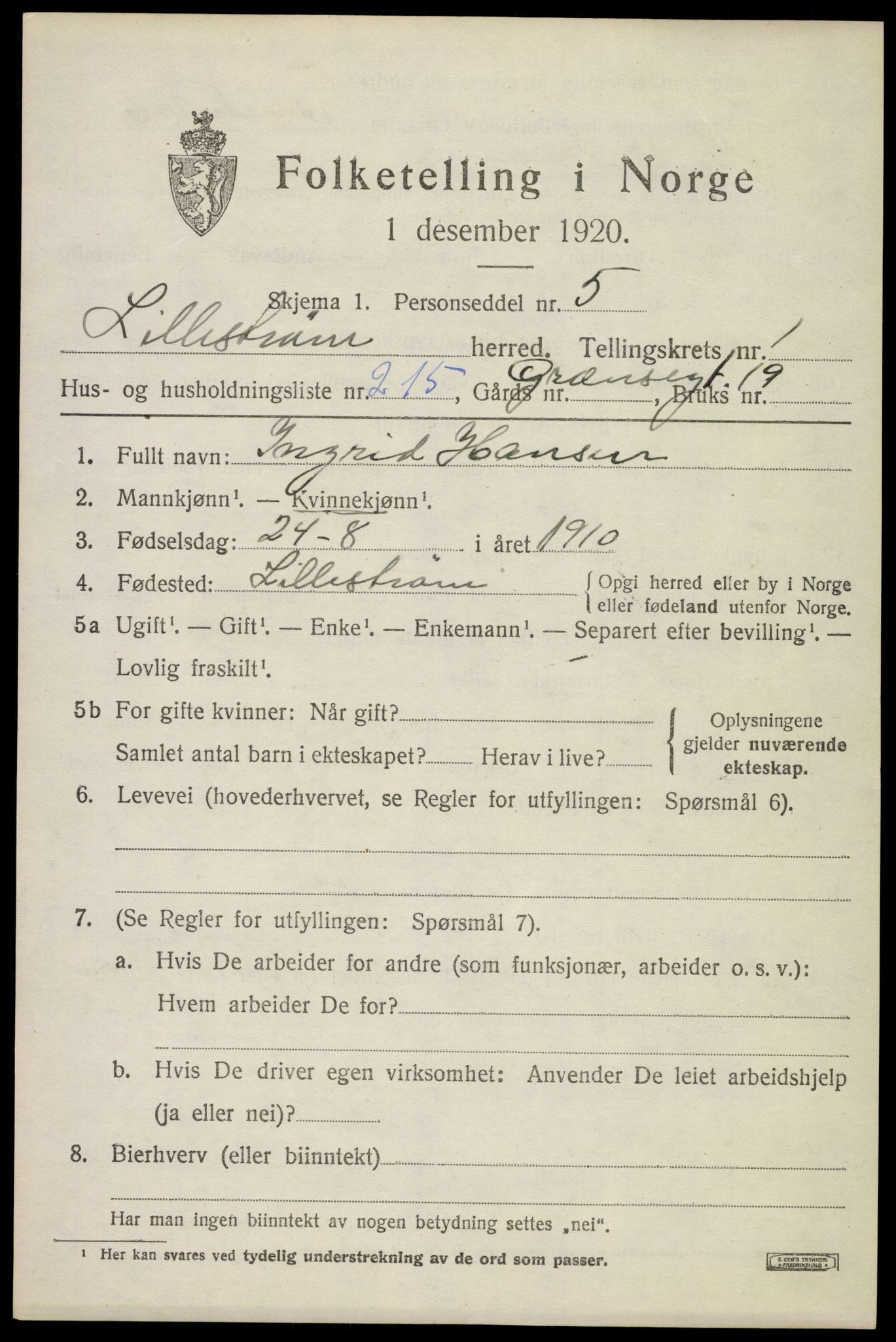 SAO, 1920 census for Lillestrøm, 1920, p. 4836