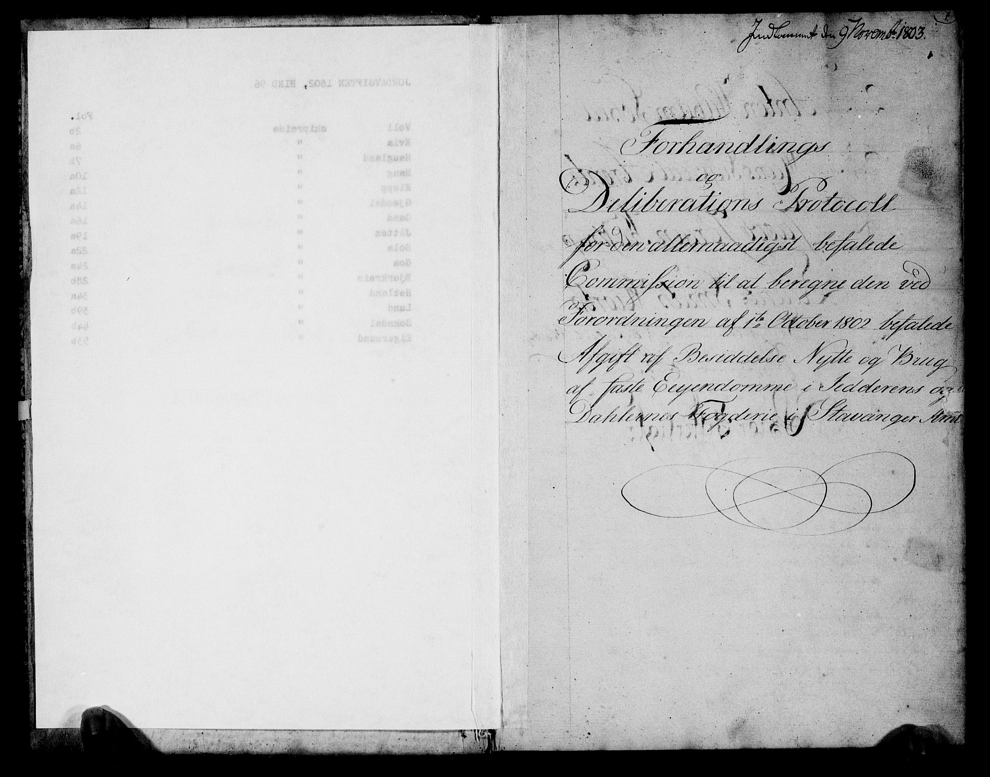 Rentekammeret inntil 1814, Realistisk ordnet avdeling, RA/EA-4070/N/Ne/Nea/L0096: Jæren og Dalane fogderi. Deliberasjonsprotokoll, 1803, p. 2
