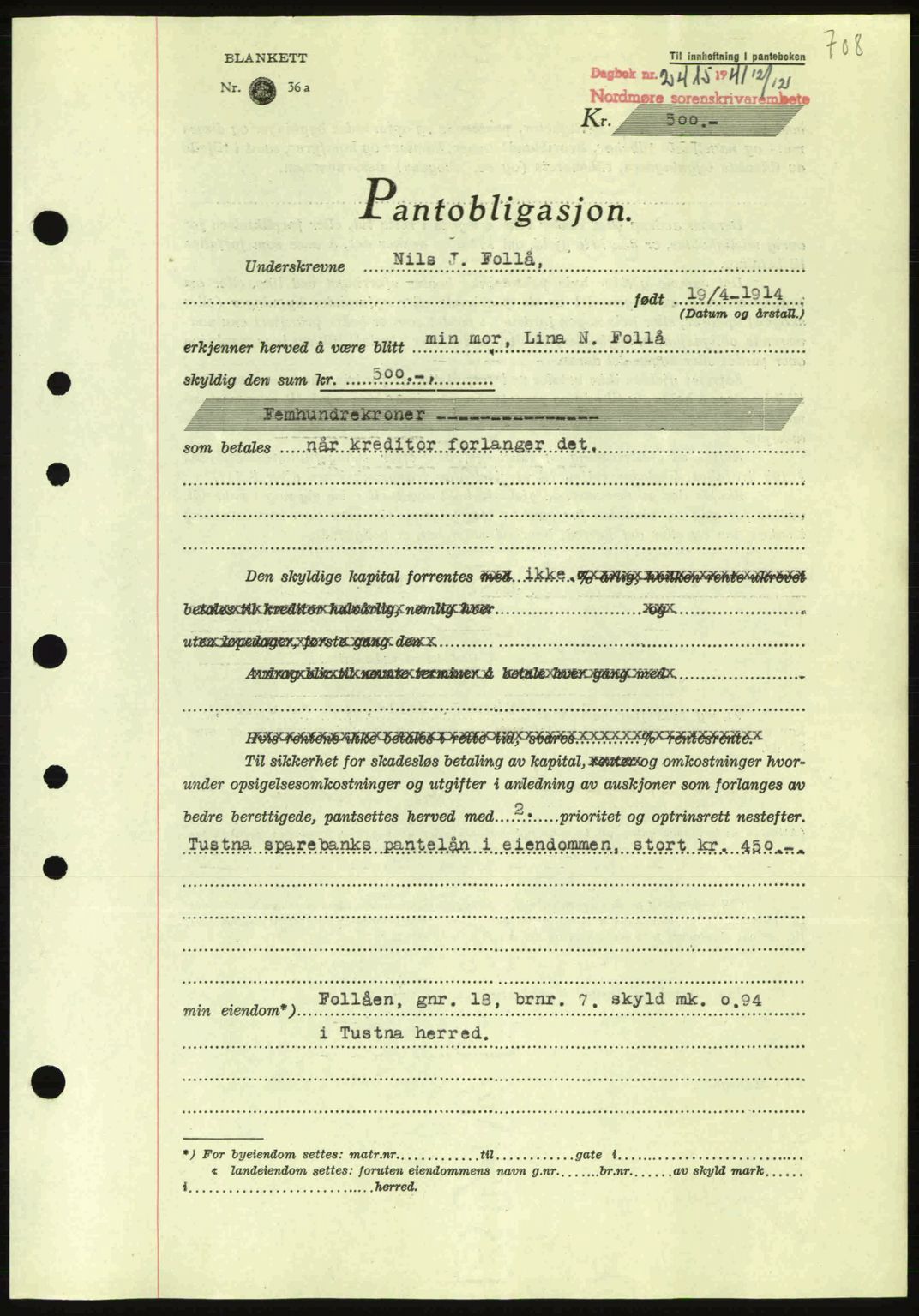 Nordmøre sorenskriveri, AV/SAT-A-4132/1/2/2Ca: Mortgage book no. B88, 1941-1942, Diary no: : 2415/1941