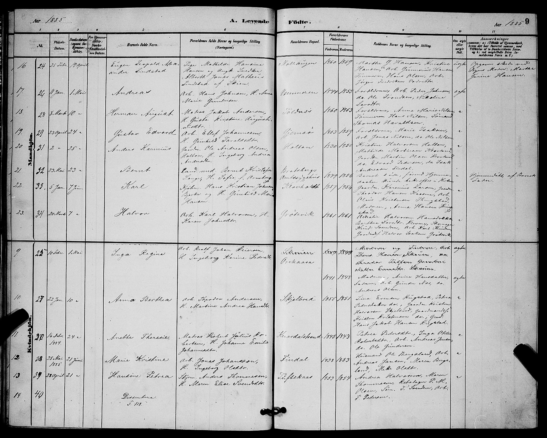Solum kirkebøker, SAKO/A-306/G/Ga/L0007: Parish register (copy) no. I 7, 1884-1898, p. 9