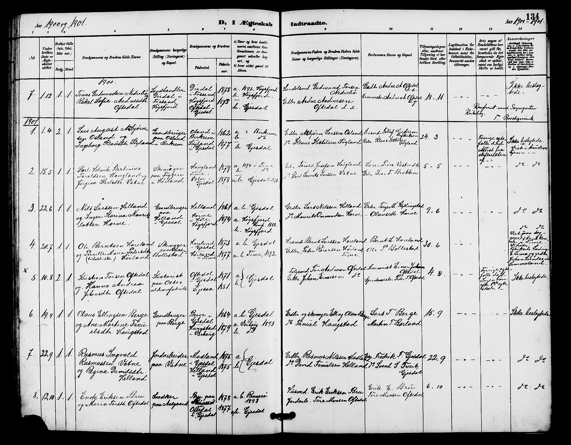 Lye sokneprestkontor, AV/SAST-A-101794/001/30BB/L0008: Parish register (copy) no. B 7, 1887-1901, p. 134