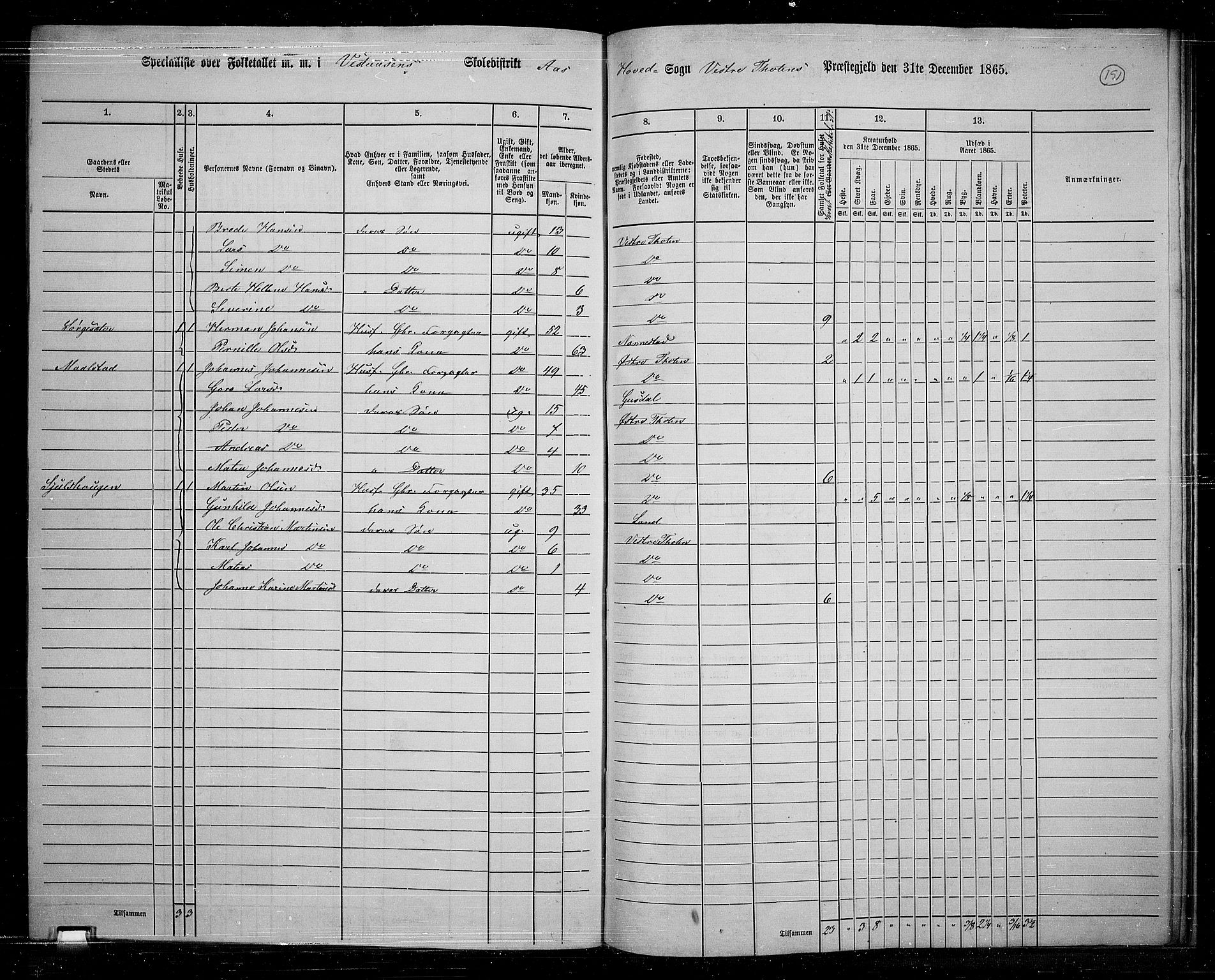 RA, 1865 census for Vestre Toten, 1865, p. 134