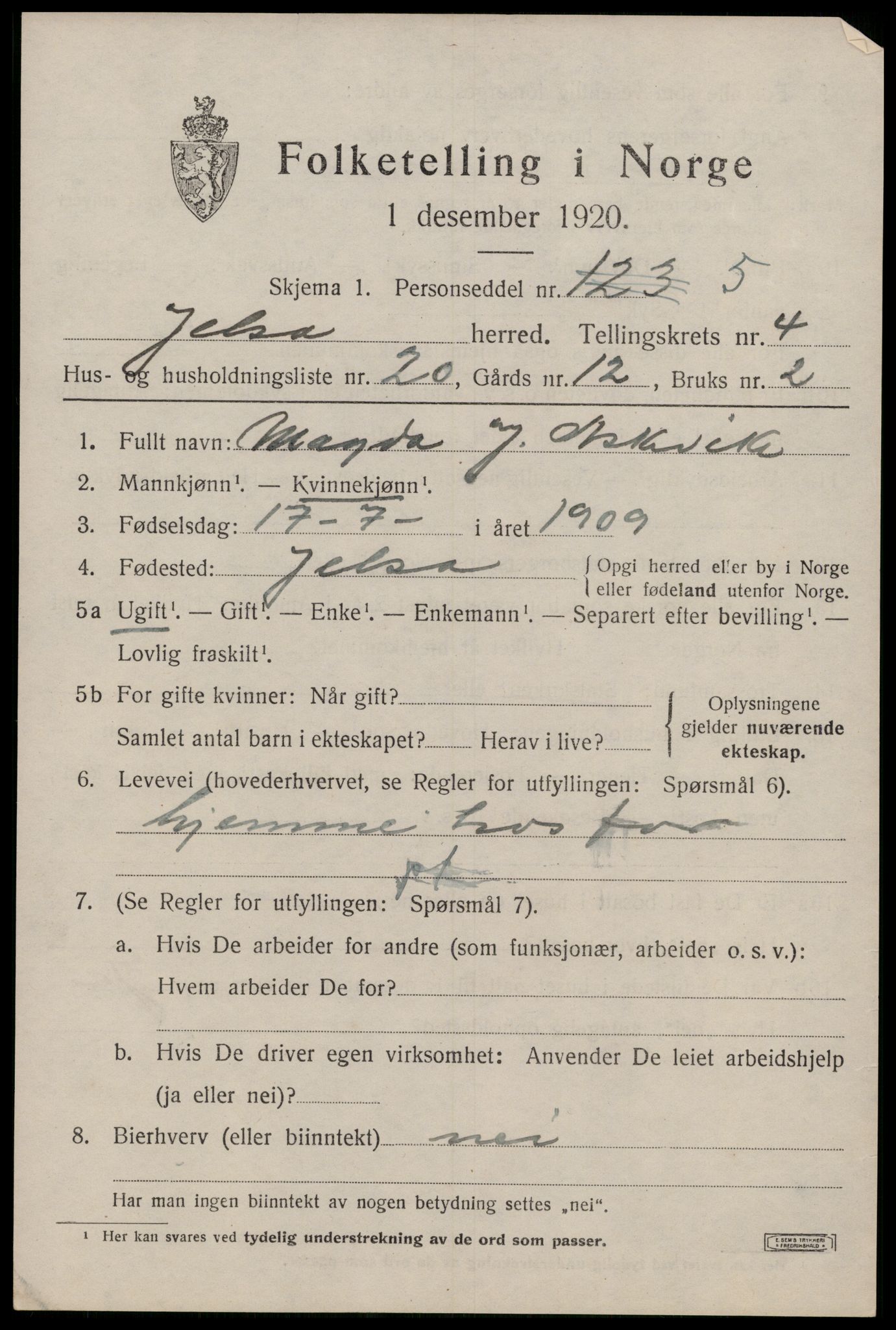 SAST, 1920 census for Jelsa, 1920, p. 1422