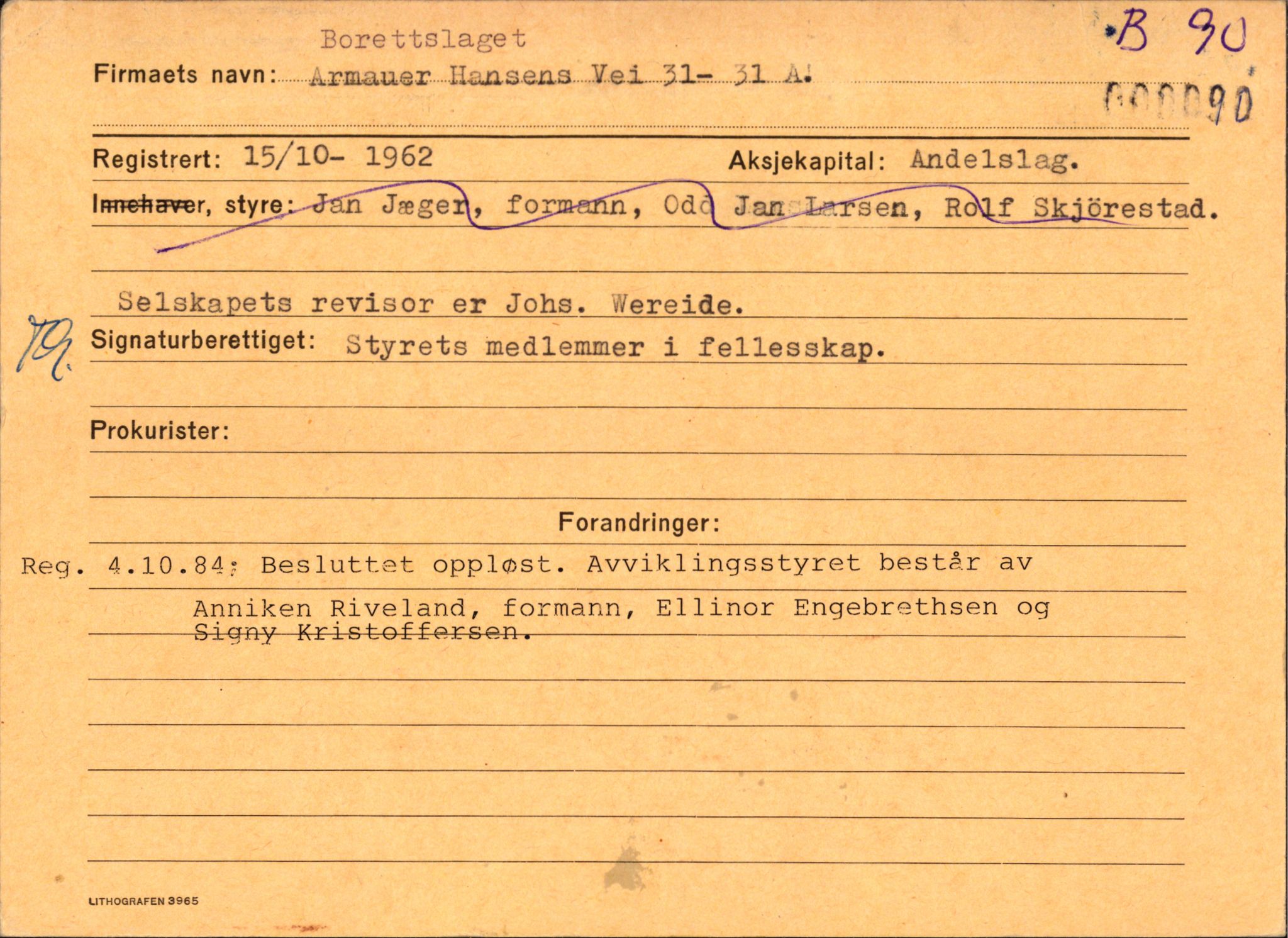 Stavanger byfogd, SAST/A-101408/002/J/Jc/Jcf/L0006: Alfabetisk register. Andelslag, borettslag og slettede firma 1988-1990, 1988-1990, p. 95