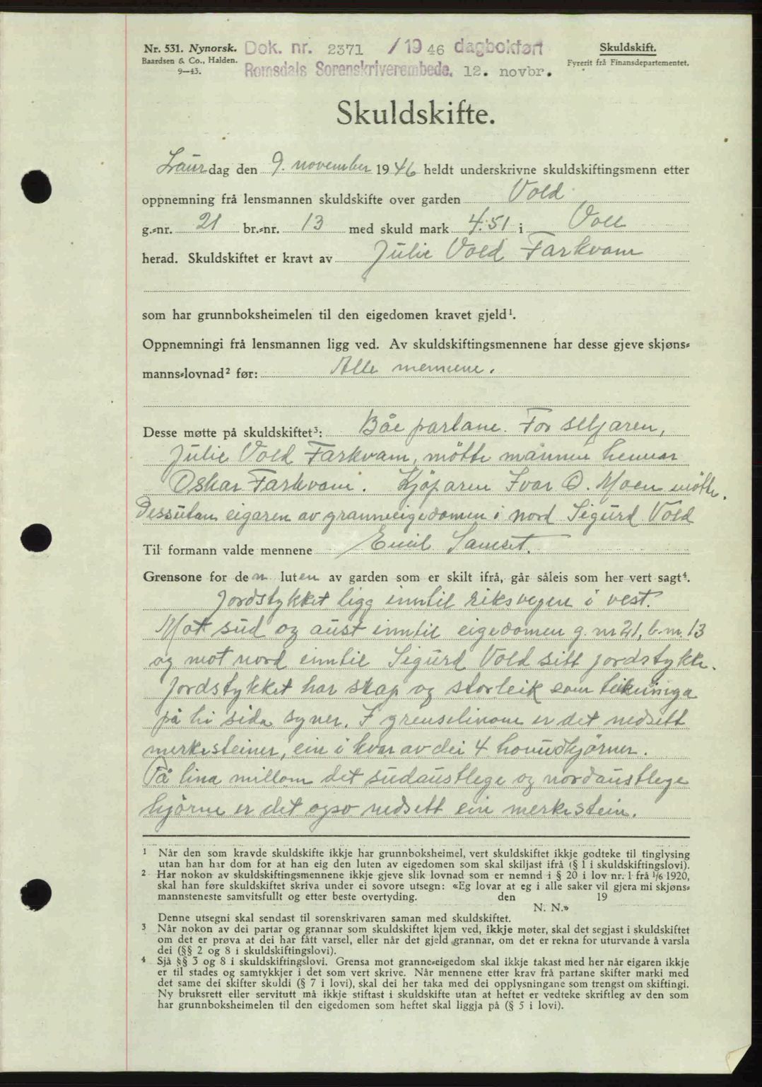 Romsdal sorenskriveri, AV/SAT-A-4149/1/2/2C: Mortgage book no. A21, 1946-1946, Diary no: : 2371/1946