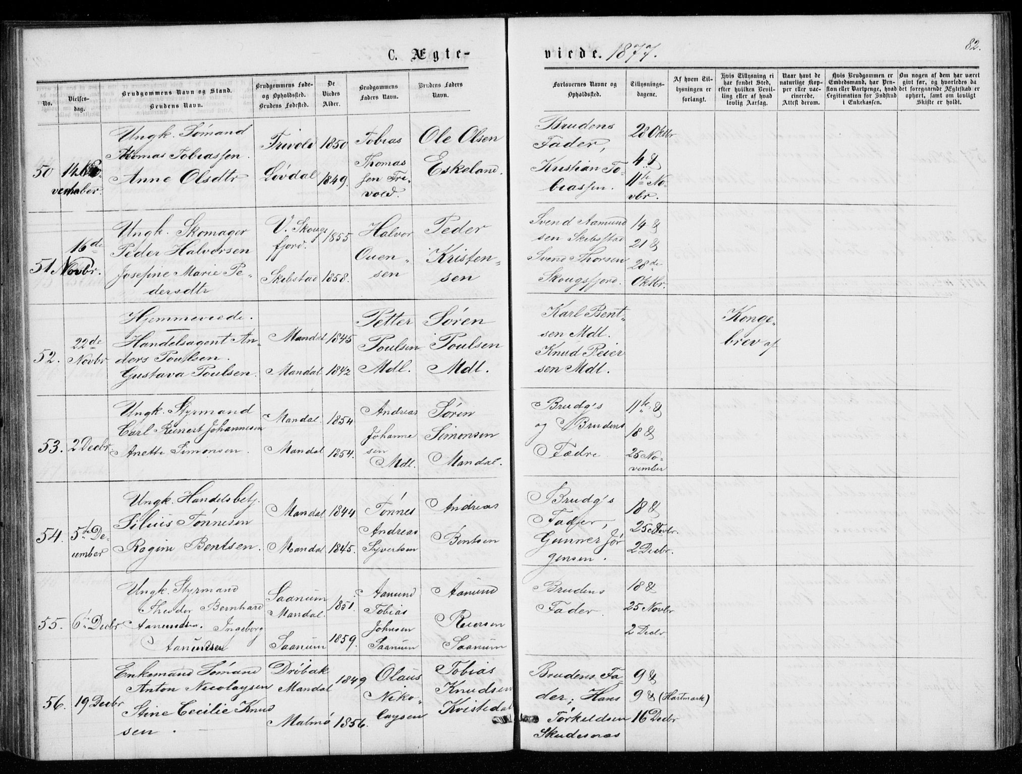 Mandal sokneprestkontor, AV/SAK-1111-0030/F/Fb/Fba/L0010: Parish register (copy) no. B 4, 1876-1880, p. 82