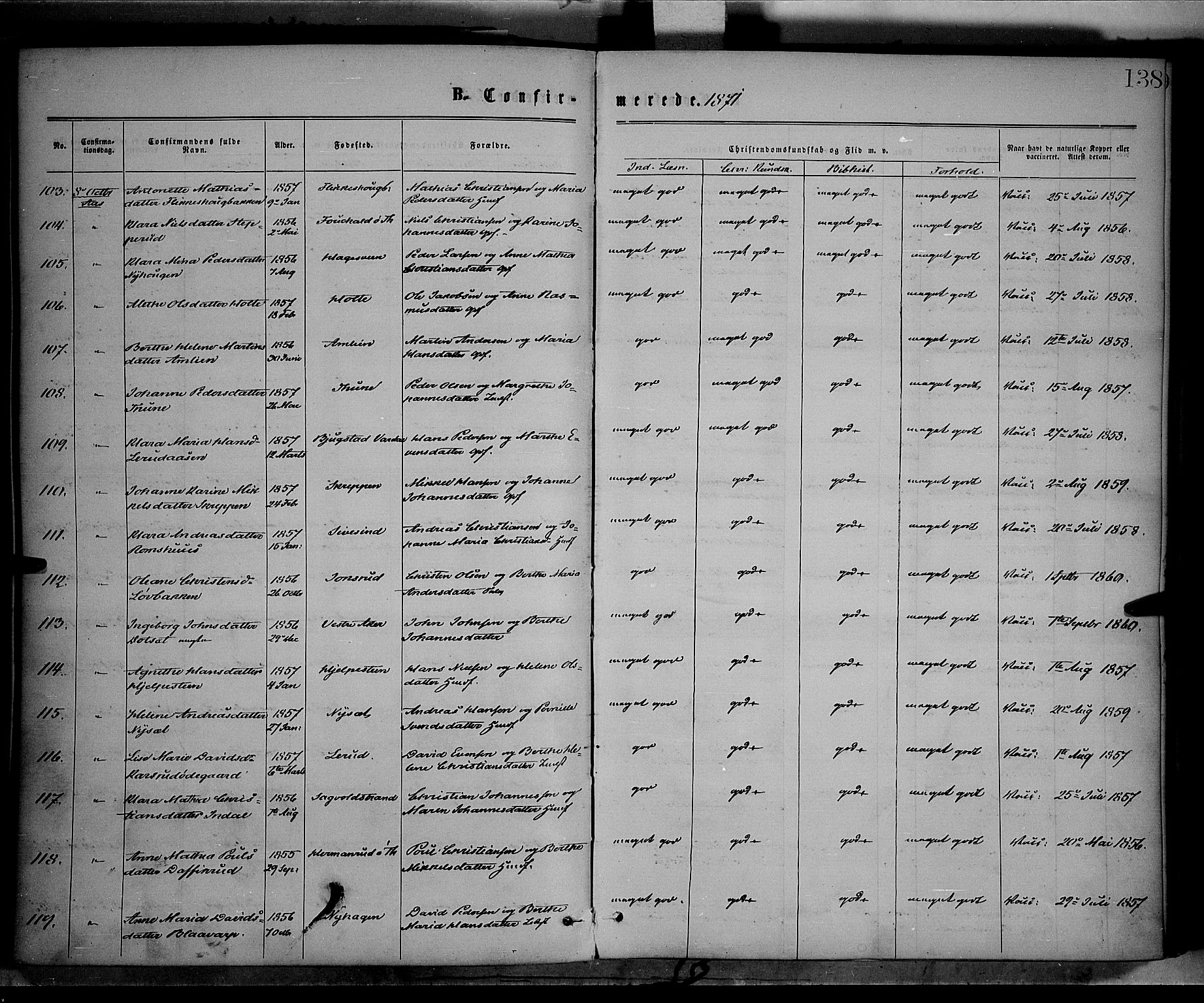 Vestre Toten prestekontor, AV/SAH-PREST-108/H/Ha/Haa/L0008: Parish register (official) no. 8, 1870-1877, p. 138