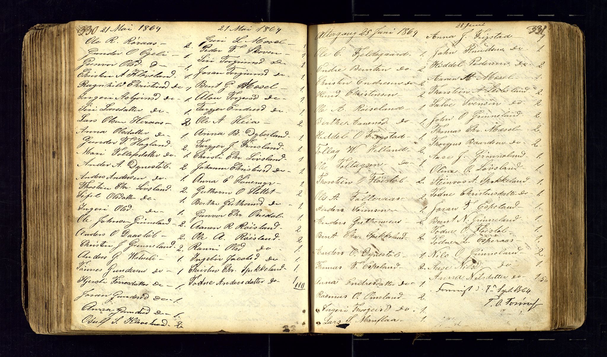 Bjelland sokneprestkontor, SAK/1111-0005/F/Fc/Fcb/L0001: Communicants register no. C-1, 1827-1906, p. 330-331