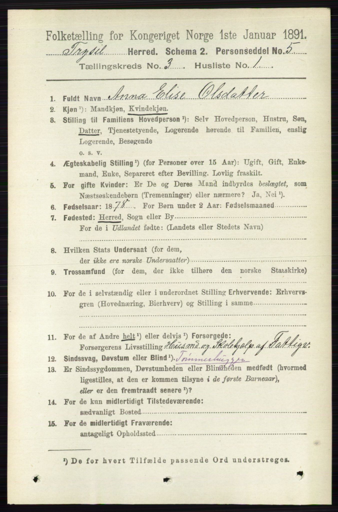 RA, 1891 census for 0428 Trysil, 1891, p. 1327