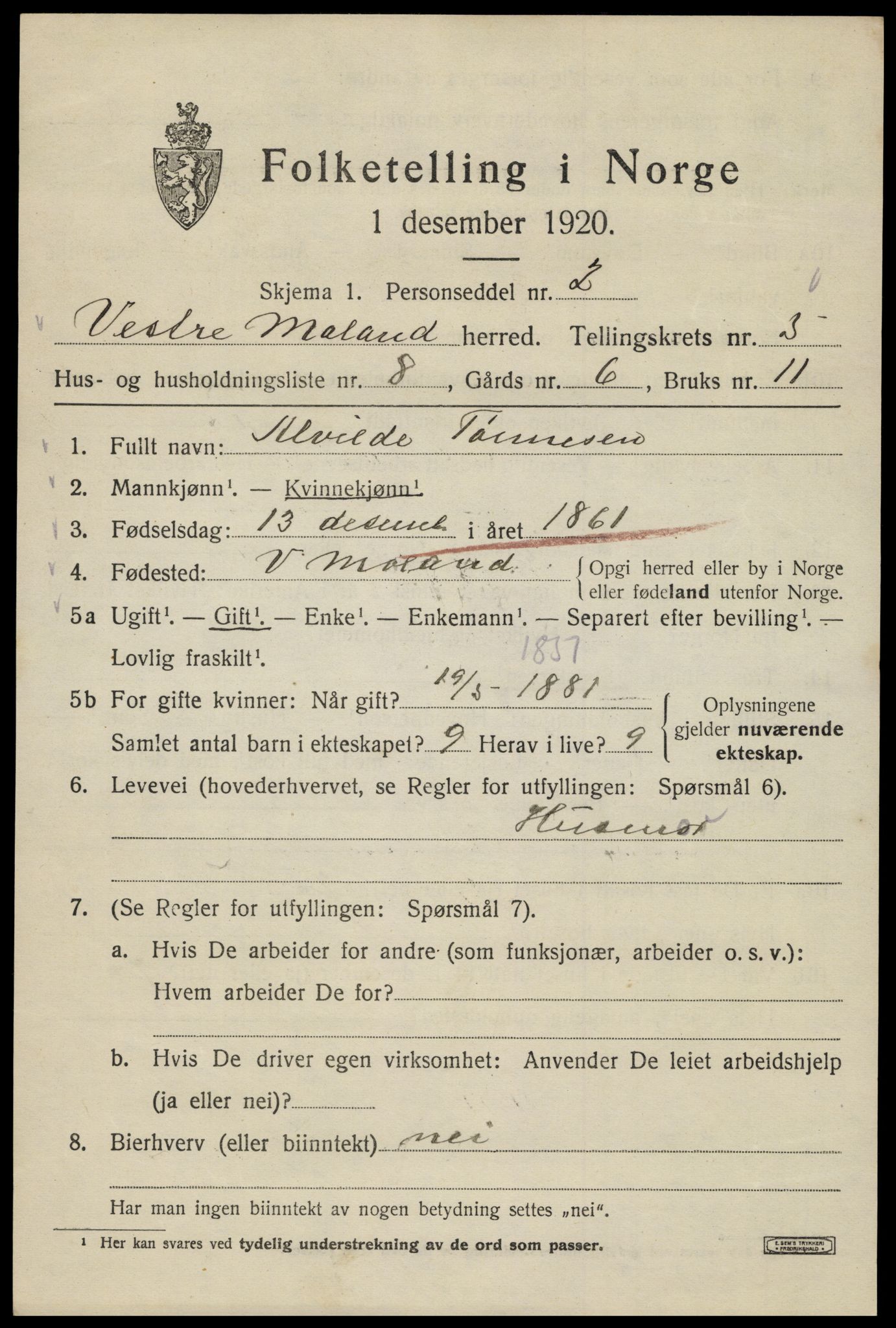 SAK, 1920 census for Vestre Moland, 1920, p. 3859