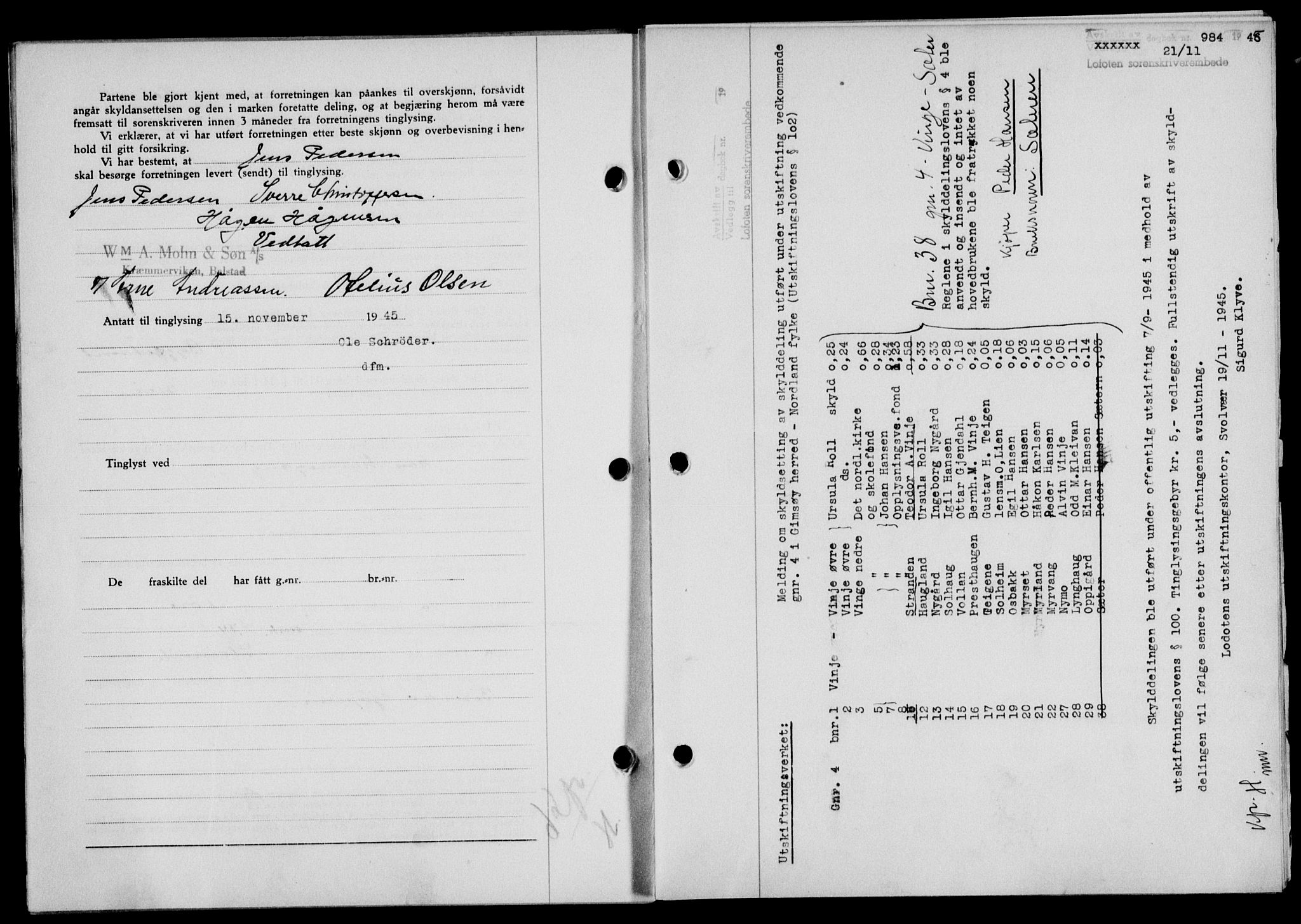 Lofoten sorenskriveri, SAT/A-0017/1/2/2C/L0013a: Mortgage book no. 13a, 1944-1946, Diary no: : 984/1945