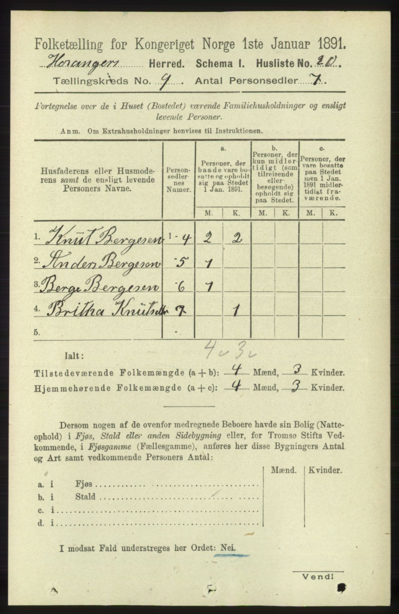 RA, 1891 census for 1253 Hosanger, 1891, p. 3289