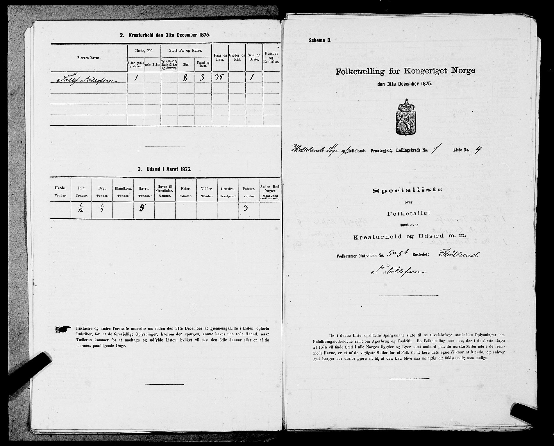 SAST, 1875 census for 1115P Helleland, 1875, p. 69