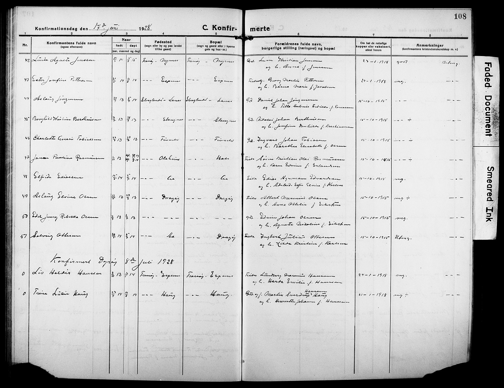 Tranøy sokneprestkontor, AV/SATØ-S-1313/I/Ia/Iab/L0006klokker: Parish register (copy) no. 6, 1919-1932, p. 108