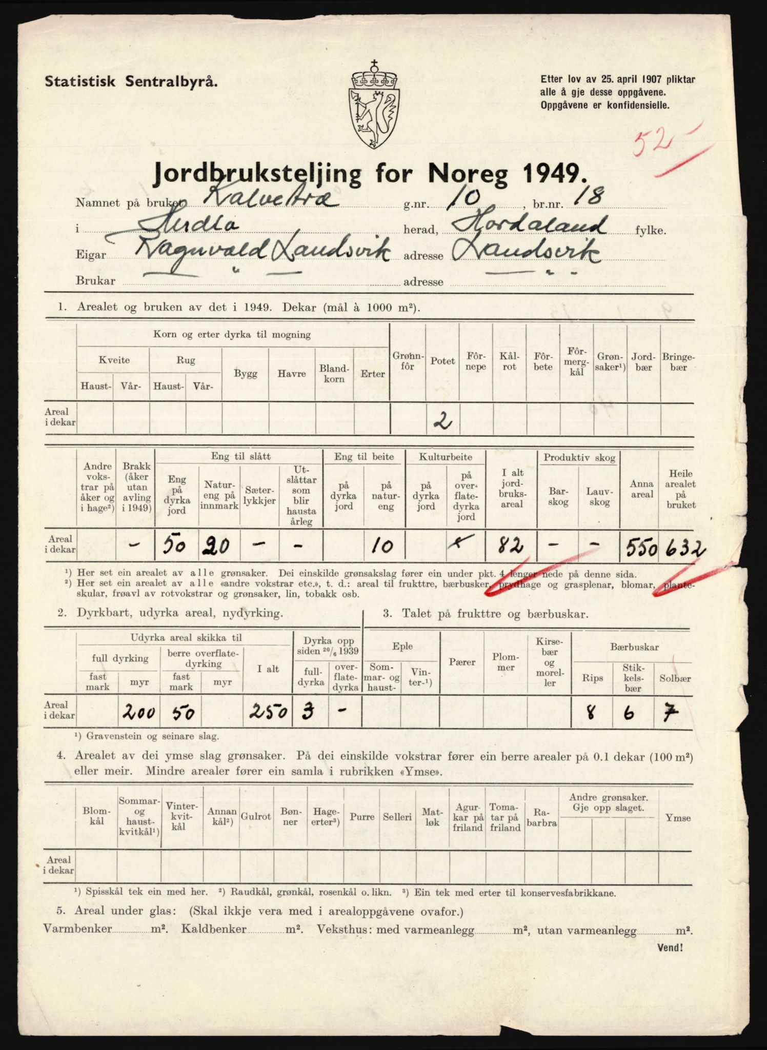 Statistisk sentralbyrå, Næringsøkonomiske emner, Jordbruk, skogbruk, jakt, fiske og fangst, AV/RA-S-2234/G/Gc/L0276: Hordaland: Herdla og Hjelme, 1949, p. 1104