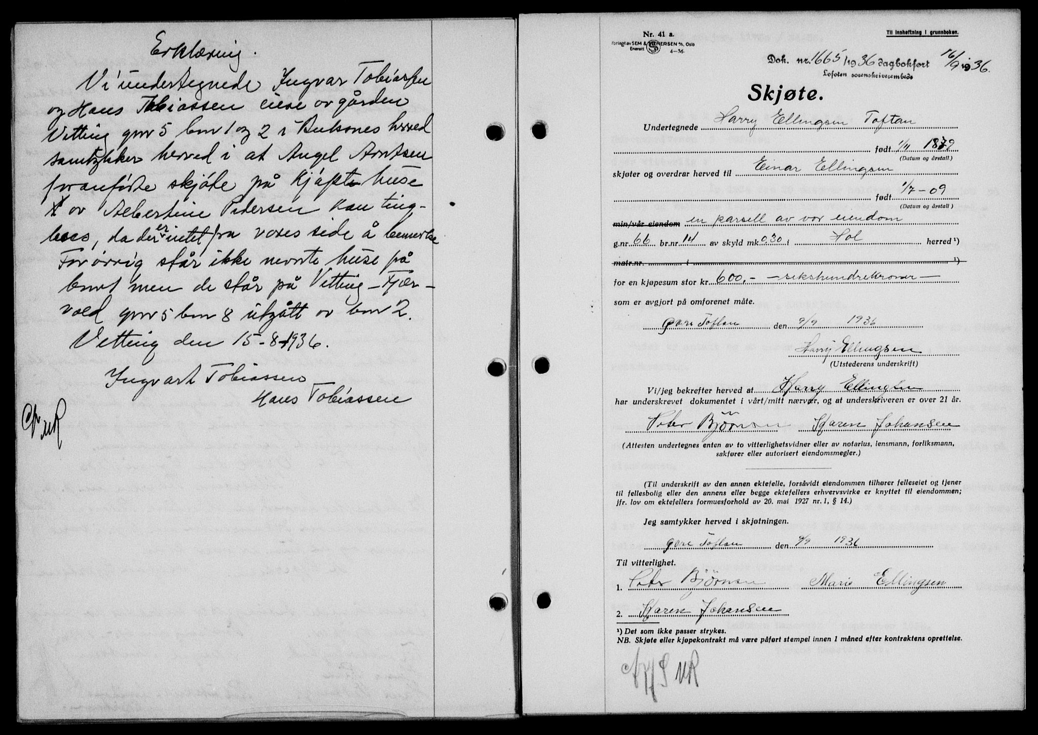 Lofoten sorenskriveri, SAT/A-0017/1/2/2C/L0001a: Mortgage book no. 1a, 1936-1937, Diary no: : 1665/1936