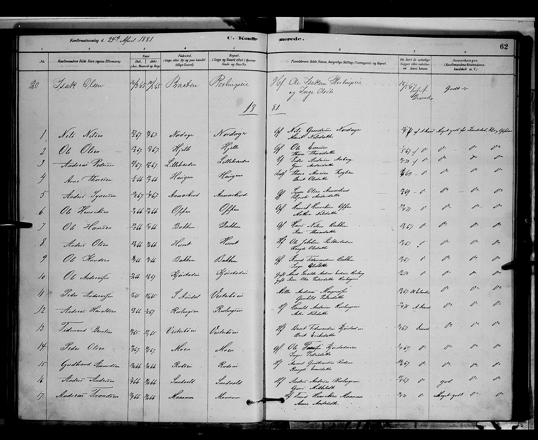 Nord-Aurdal prestekontor, SAH/PREST-132/H/Ha/Hab/L0006: Parish register (copy) no. 6, 1878-1892, p. 62
