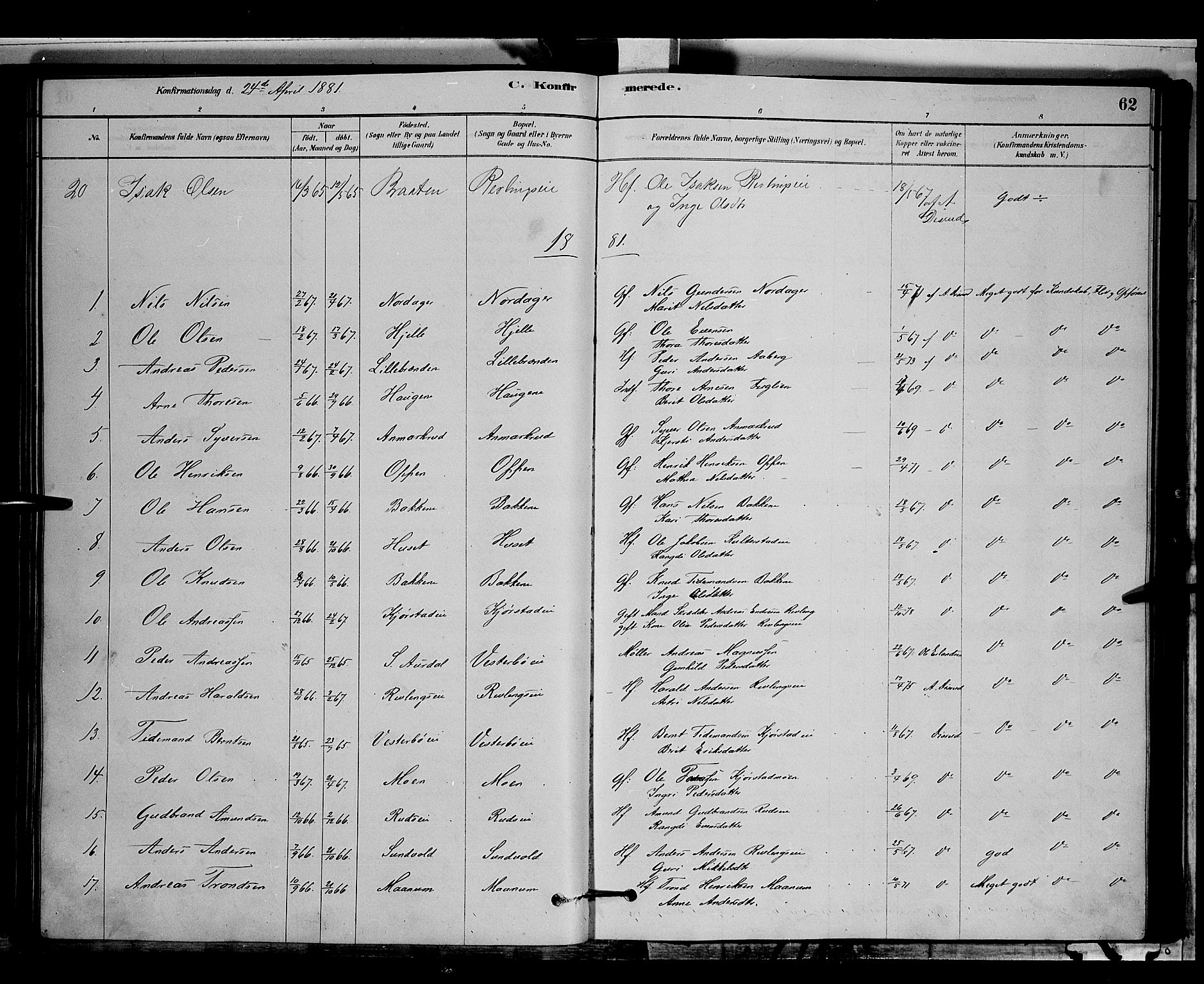 Nord-Aurdal prestekontor, AV/SAH-PREST-132/H/Ha/Hab/L0006: Parish register (copy) no. 6, 1878-1892, p. 62