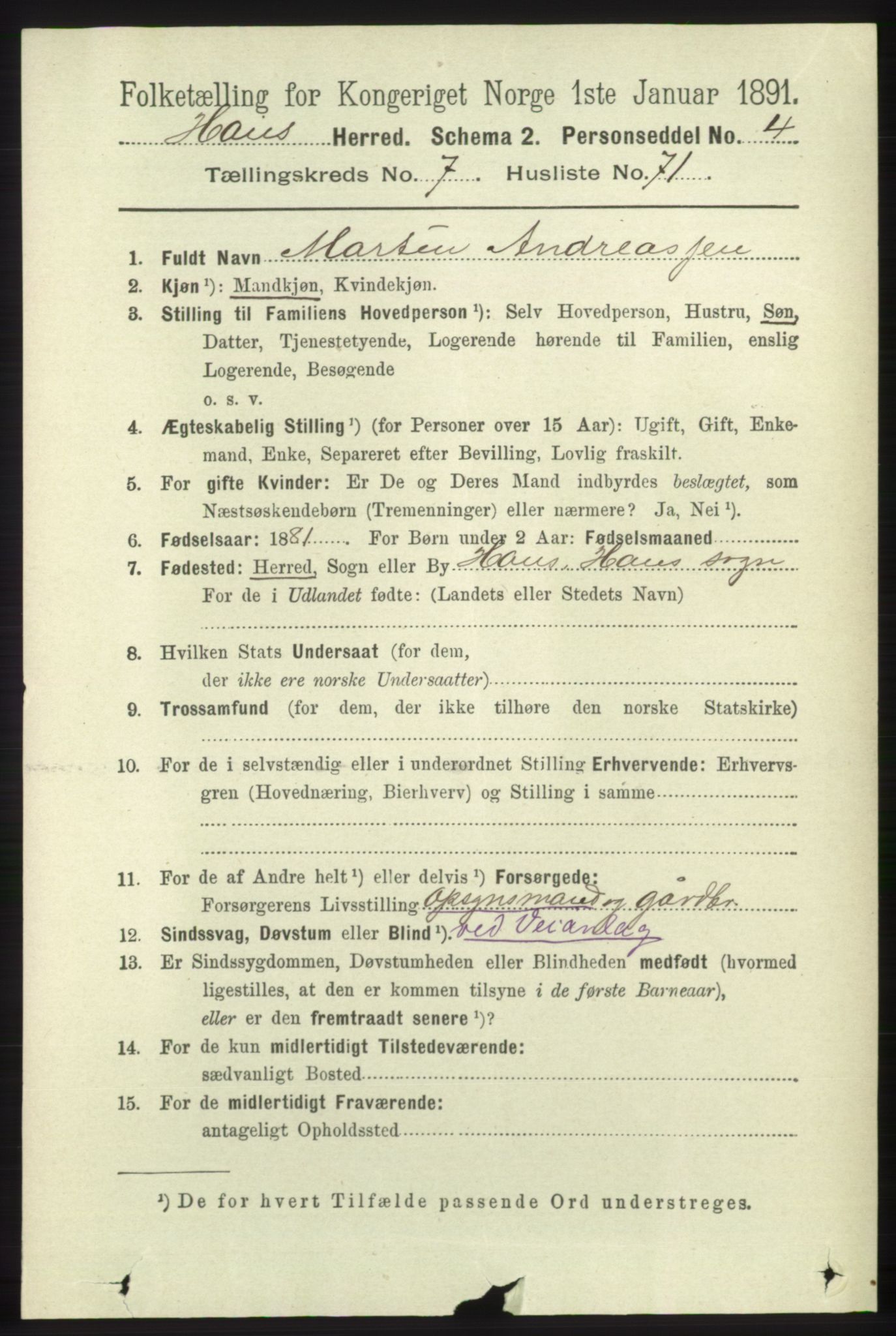 RA, 1891 census for 1250 Haus, 1891, p. 3100