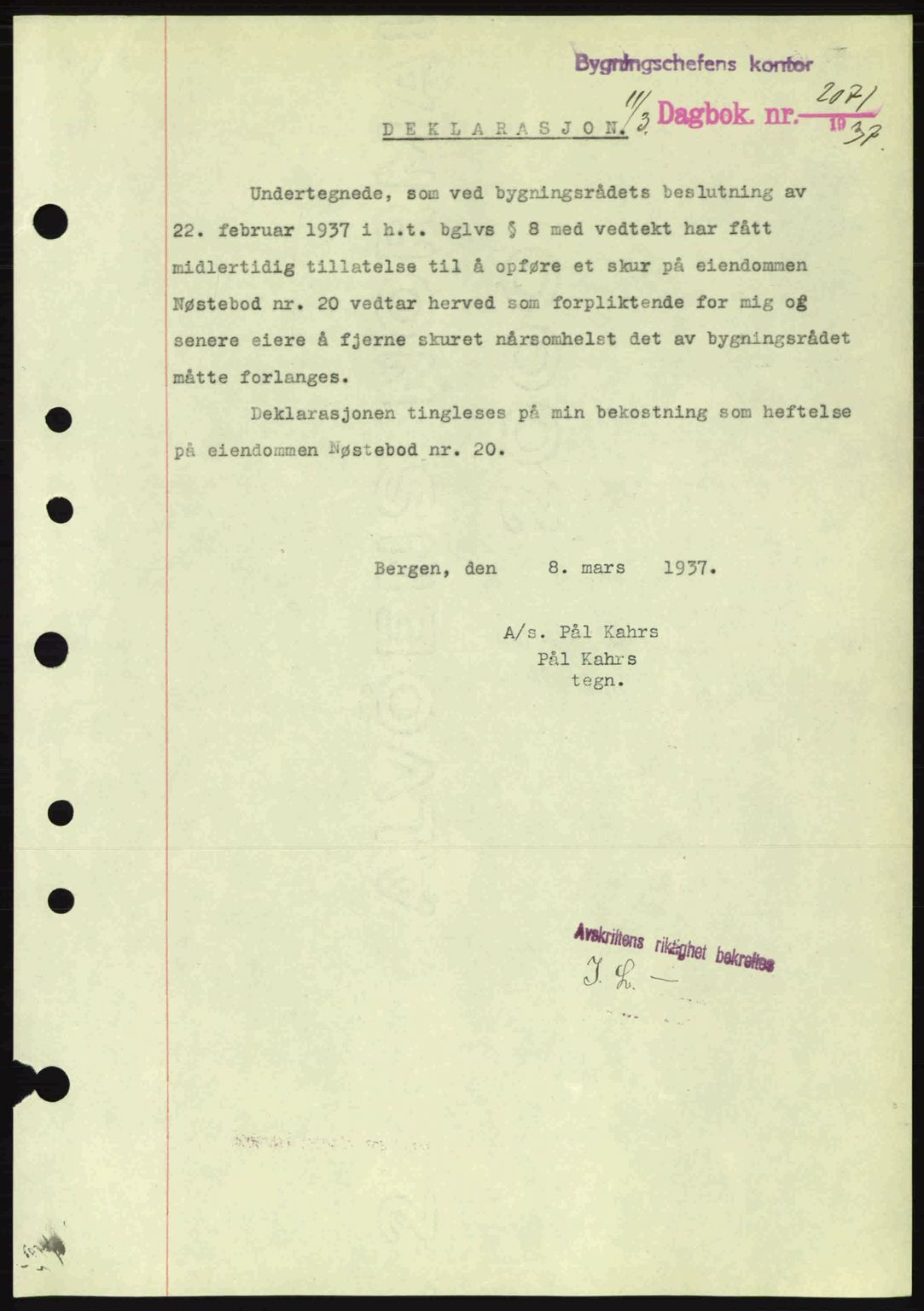 Byfogd og Byskriver i Bergen, SAB/A-3401/03/03Bc/L0004: Mortgage book no. A3-4, 1936-1937, Diary no: : 2071/1937