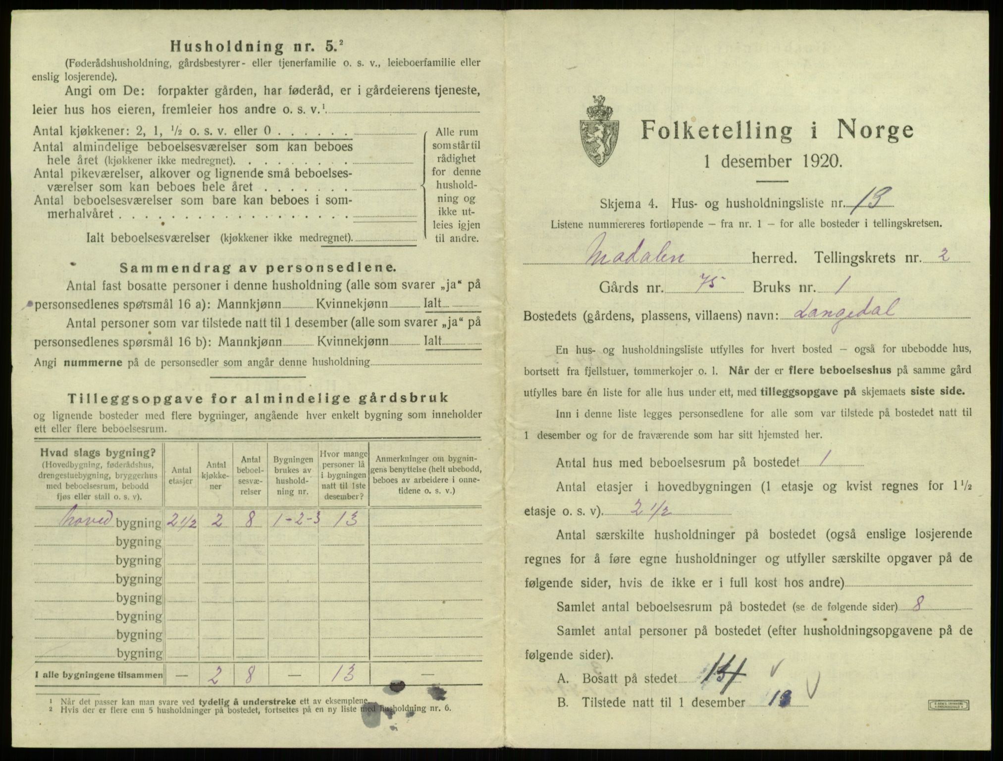 SAB, 1920 census for Modalen, 1920, p. 74