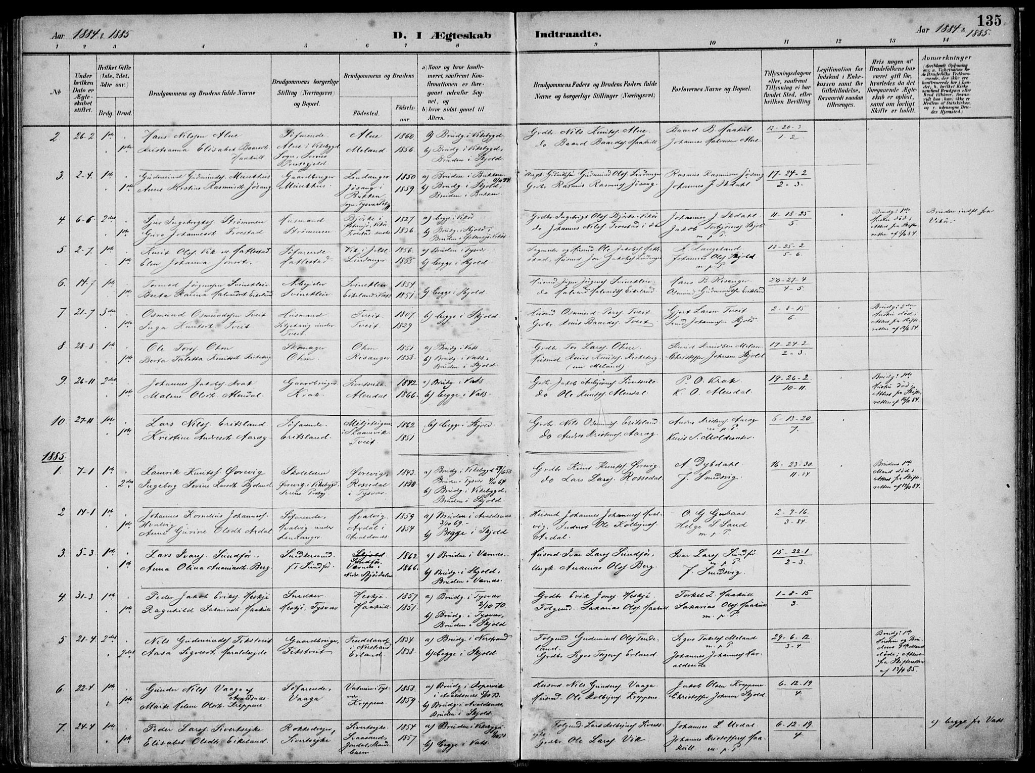 Skjold sokneprestkontor, SAST/A-101847/H/Ha/Haa/L0010: Parish register (official) no. A 10, 1882-1897, p. 135
