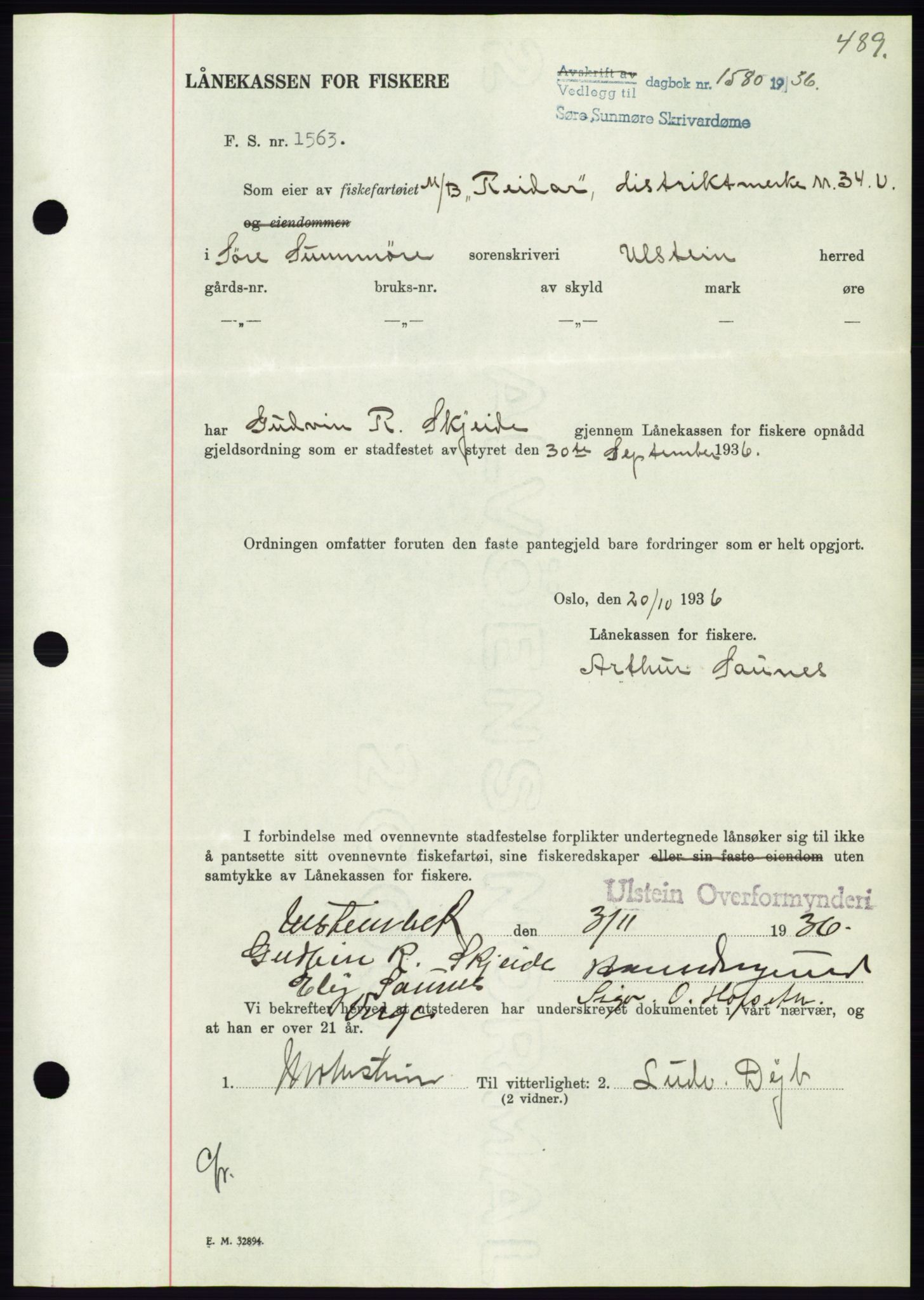 Søre Sunnmøre sorenskriveri, AV/SAT-A-4122/1/2/2C/L0061: Mortgage book no. 55, 1936-1936, Diary no: : 1580/1936