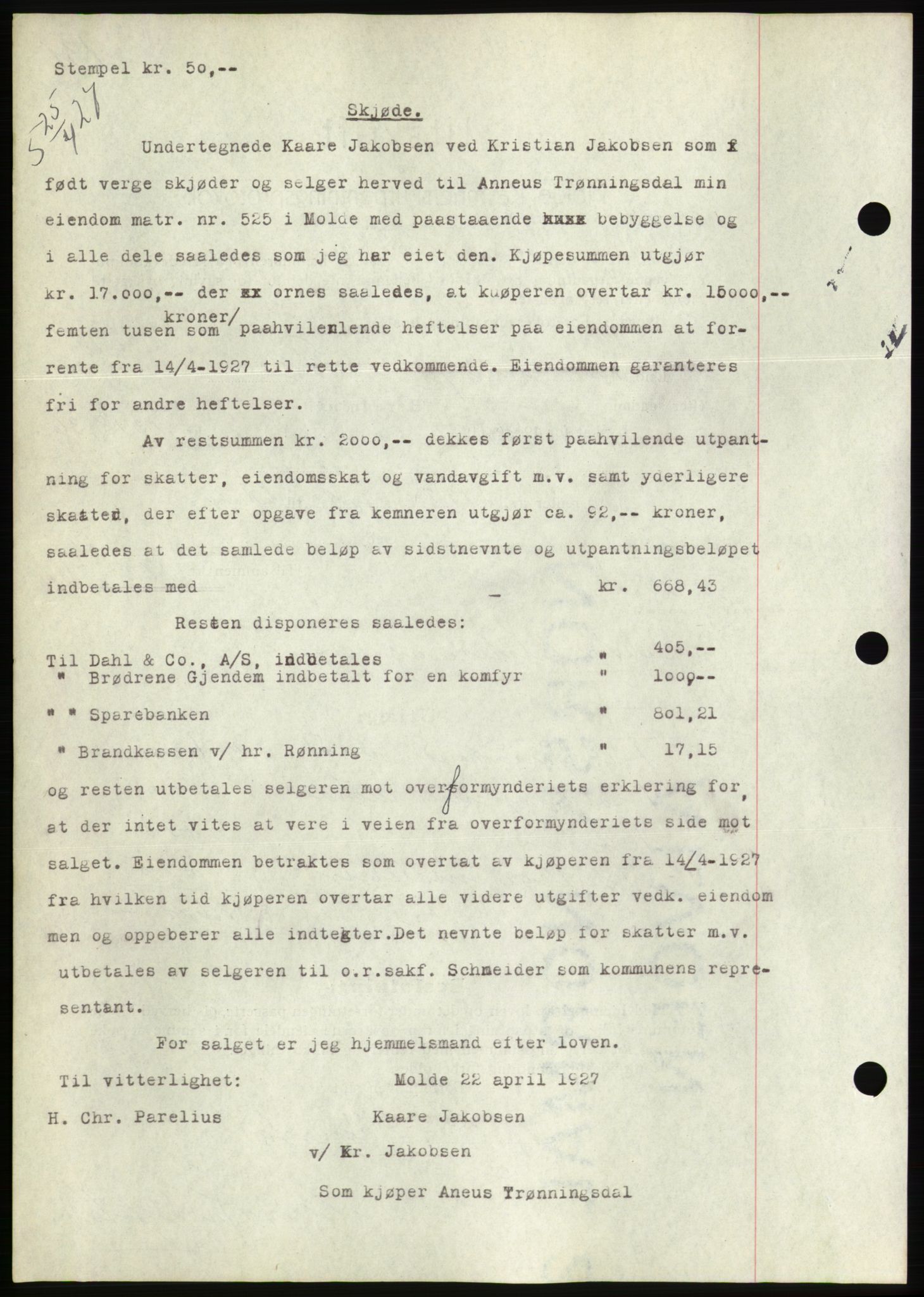 Molde byfogd, AV/SAT-A-0025/2/2C/L0011: Mortgage book no. 11, 1926-1932, Deed date: 04.04.1927