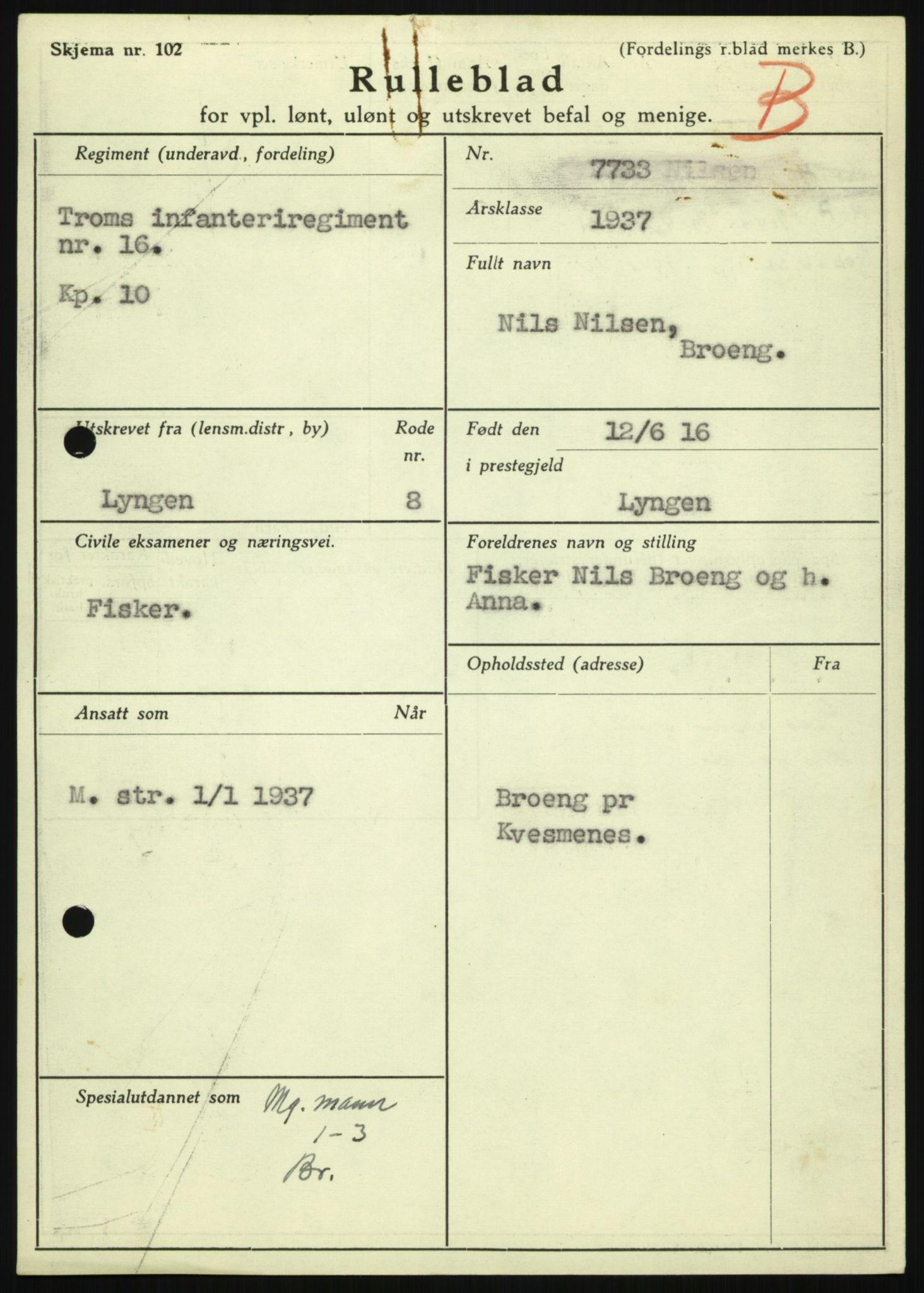 Forsvaret, Troms infanteriregiment nr. 16, AV/RA-RAFA-3146/P/Pa/L0021: Rulleblad for regimentets menige mannskaper, årsklasse 1937, 1937, p. 85