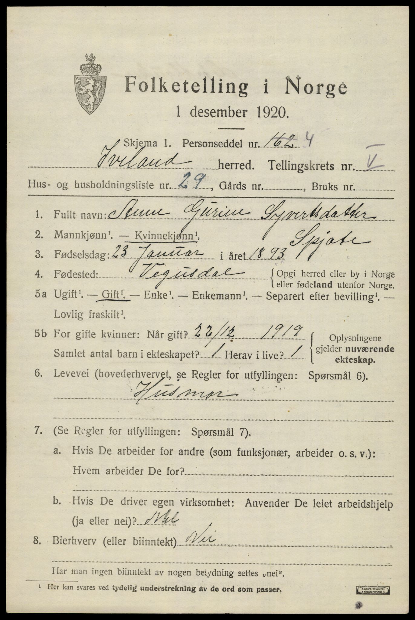 SAK, 1920 census for Iveland, 1920, p. 1907