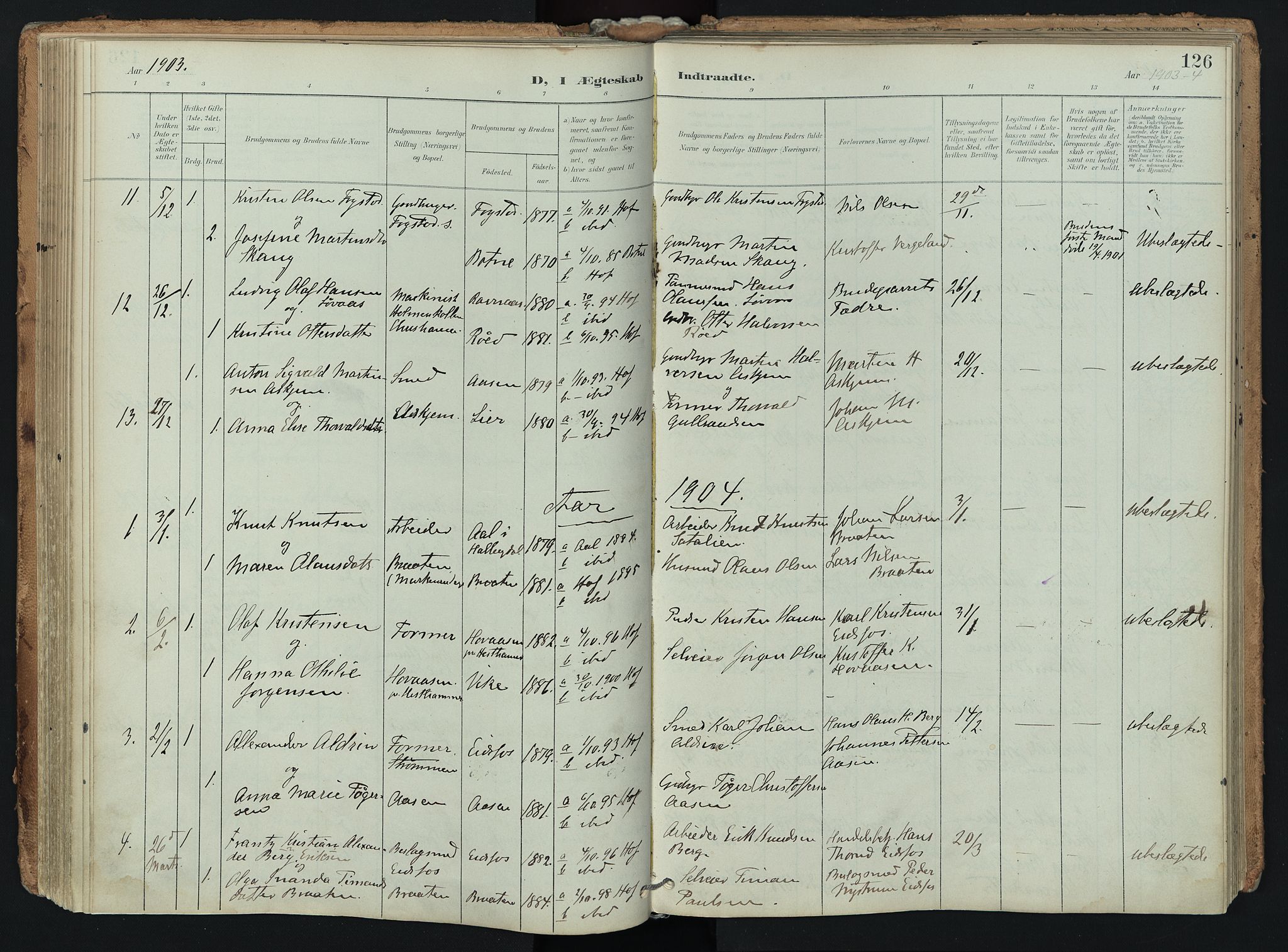 Hof kirkebøker, AV/SAKO-A-64/F/Fa/L0008: Parish register (official) no. I 8, 1902-1921, p. 126