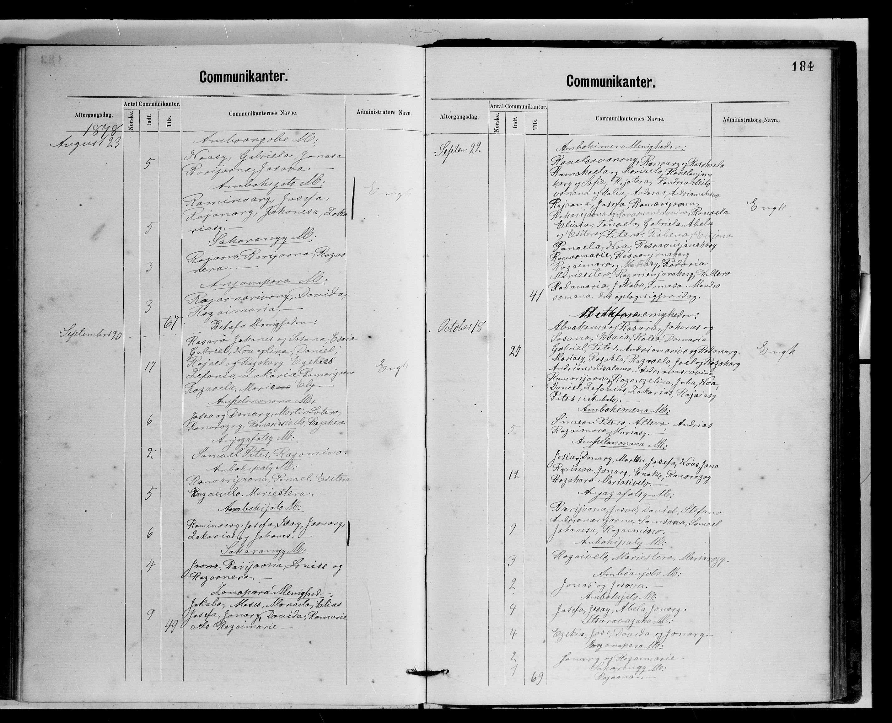 Archives FLM/NMS, Madagaskar, VID/MA-A-1163/D/Db/L0269: Parish register (official) no. 1, 1867-1884, p. 184