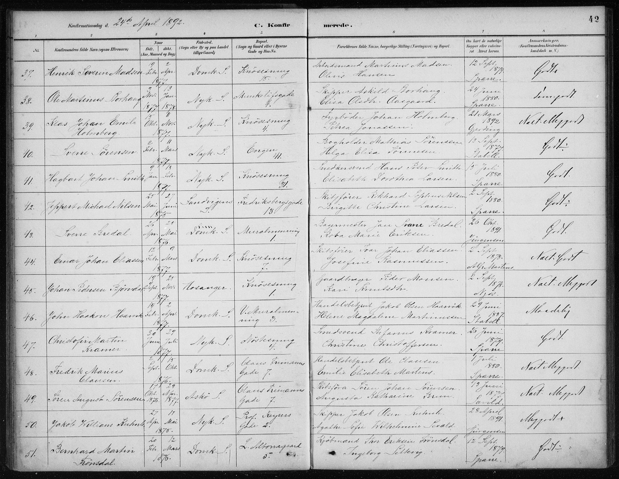 Nykirken Sokneprestembete, AV/SAB-A-77101/H/Haa/L0027: Parish register (official) no. C 6, 1886-1913, p. 42