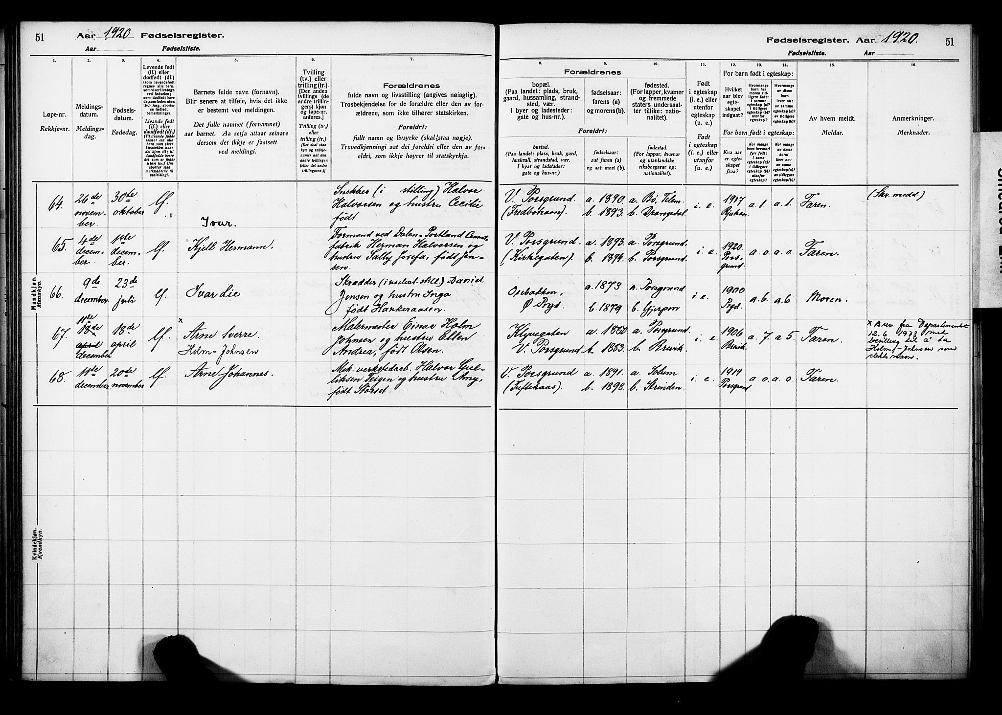 Porsgrunn kirkebøker , AV/SAKO-A-104/J/Ja/L0001: Birth register no. 1, 1916-1929, p. 51