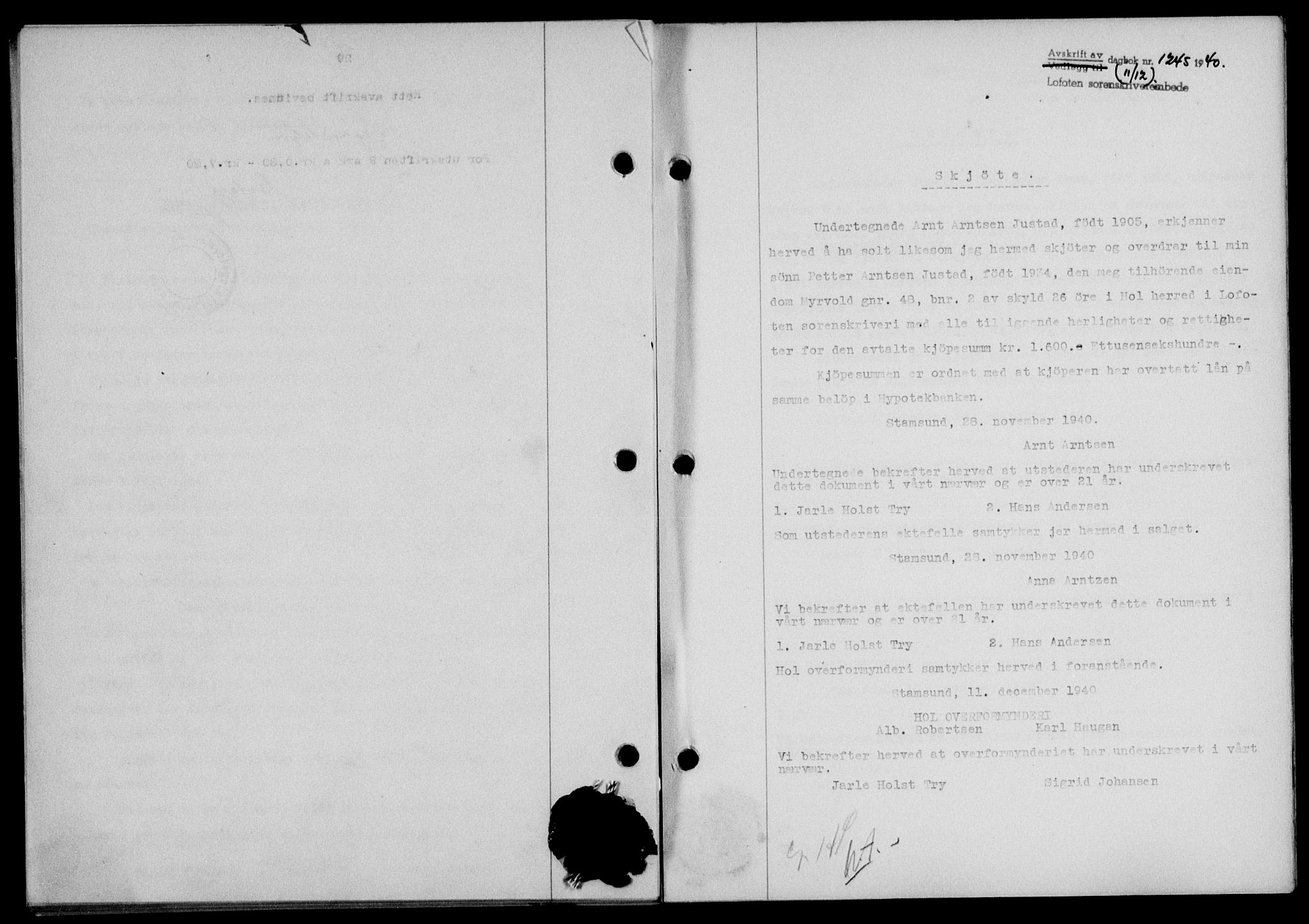 Lofoten sorenskriveri, SAT/A-0017/1/2/2C/L0008a: Mortgage book no. 8a, 1940-1941, Diary no: : 1245/1940