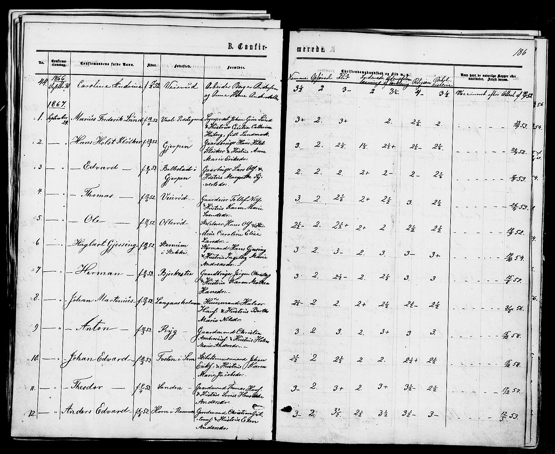 Våle kirkebøker, SAKO/A-334/F/Fa/L0010: Parish register (official) no. I 10, 1861-1877, p. 186