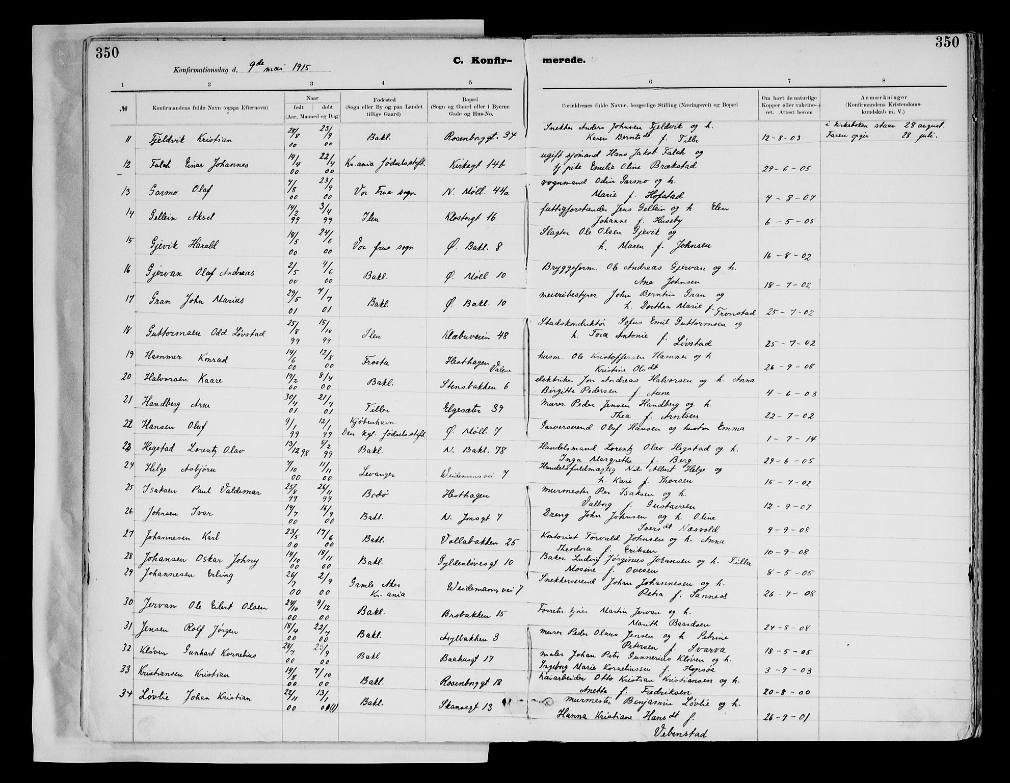 Ministerialprotokoller, klokkerbøker og fødselsregistre - Sør-Trøndelag, SAT/A-1456/604/L0203: Parish register (official) no. 604A23, 1908-1916, p. 350