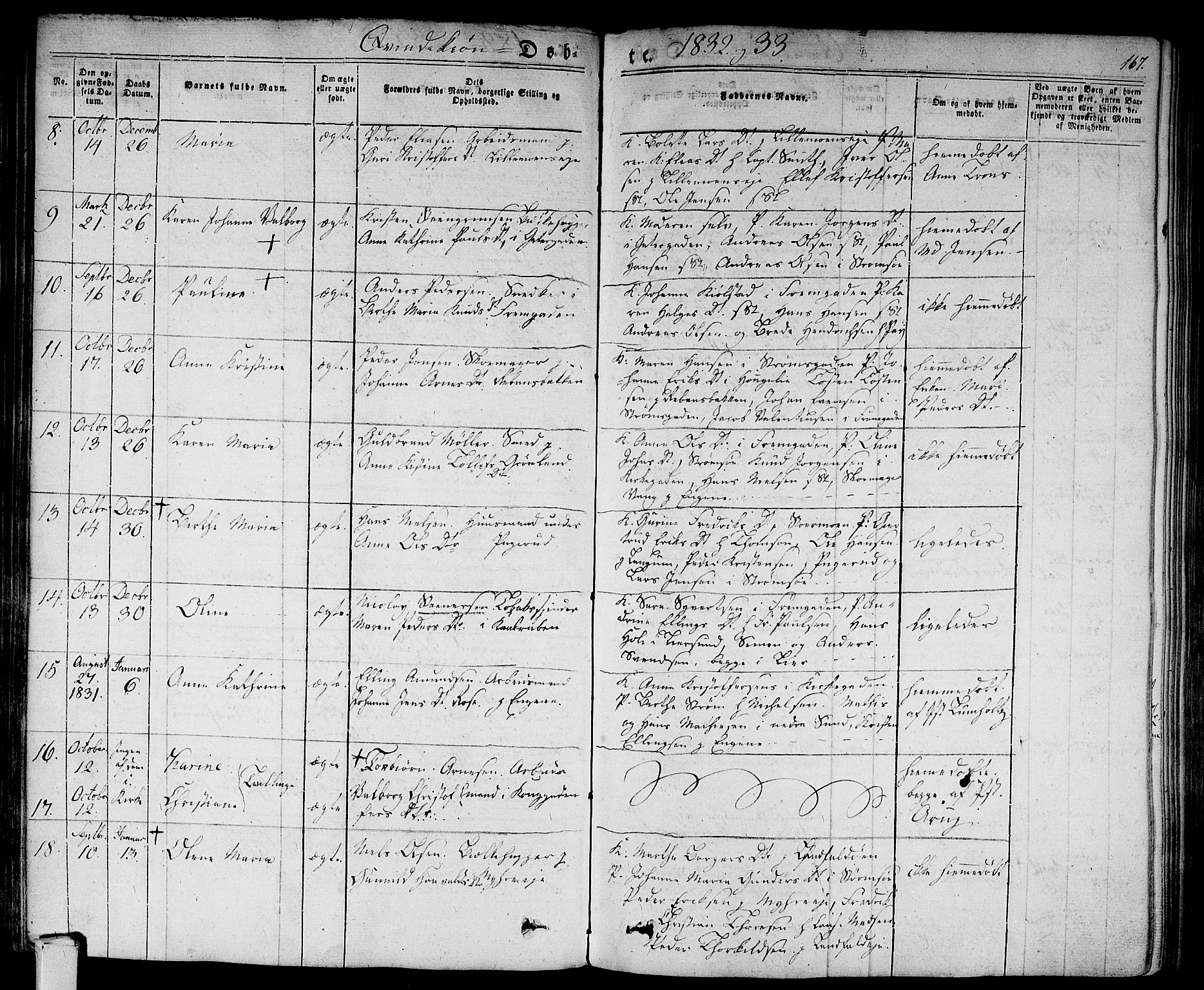 Bragernes kirkebøker, AV/SAKO-A-6/F/Fb/L0001: Parish register (official) no. II 1, 1830-1847, p. 167