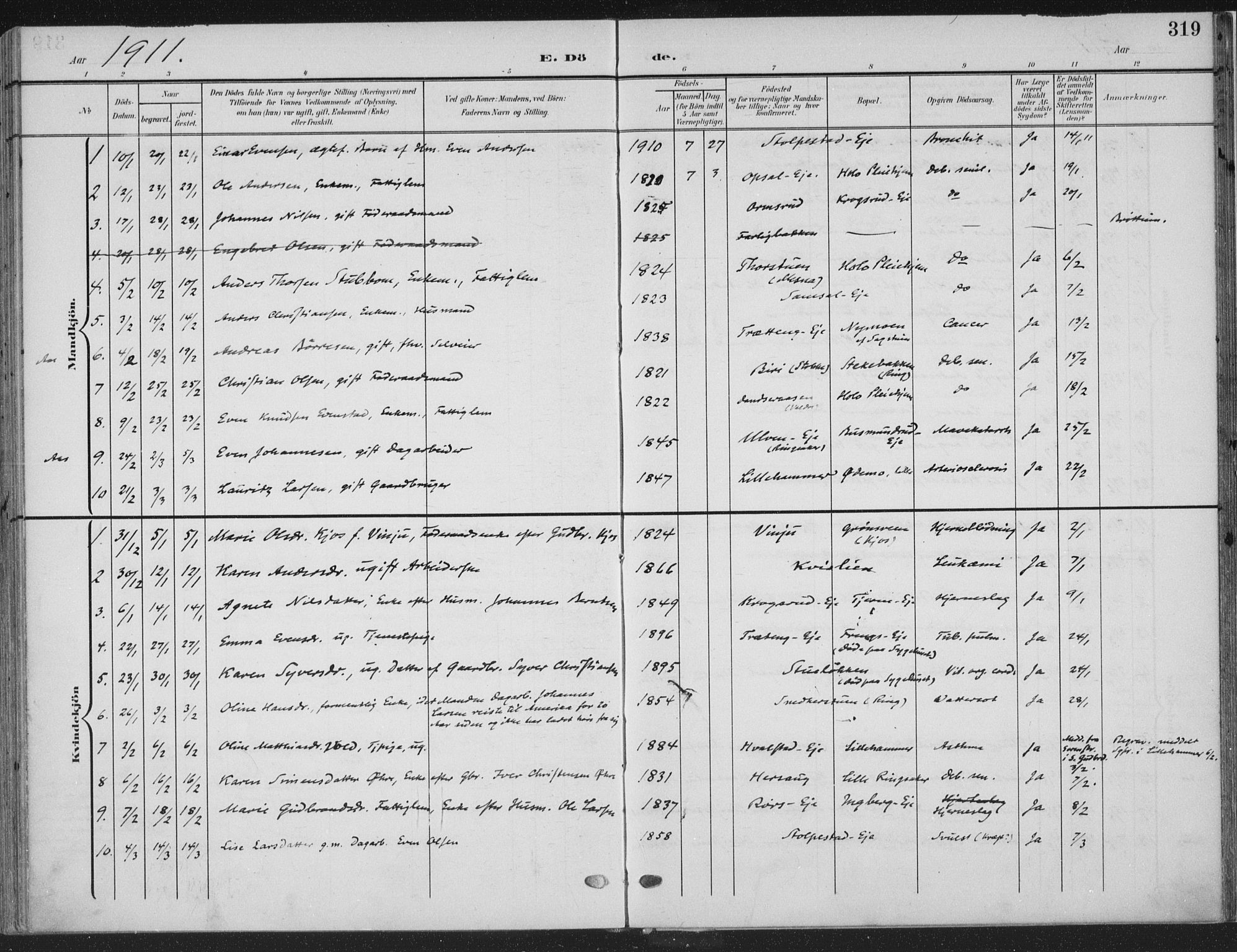 Ringsaker prestekontor, SAH/PREST-014/K/Ka/L0018: Parish register (official) no. 18, 1903-1912, p. 319